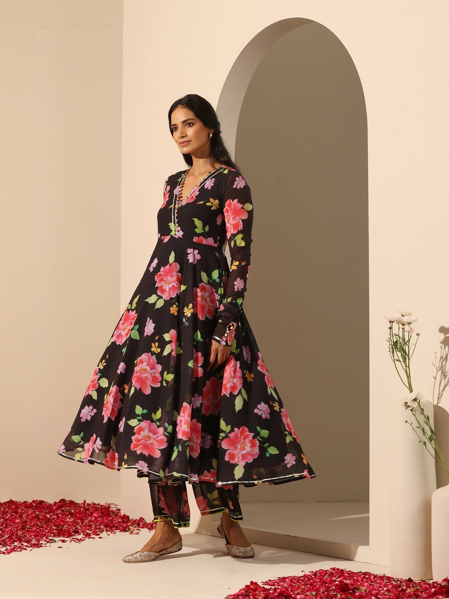 Pomcha Jaipur Black Gul Gulabi Phool Anarkali Set 