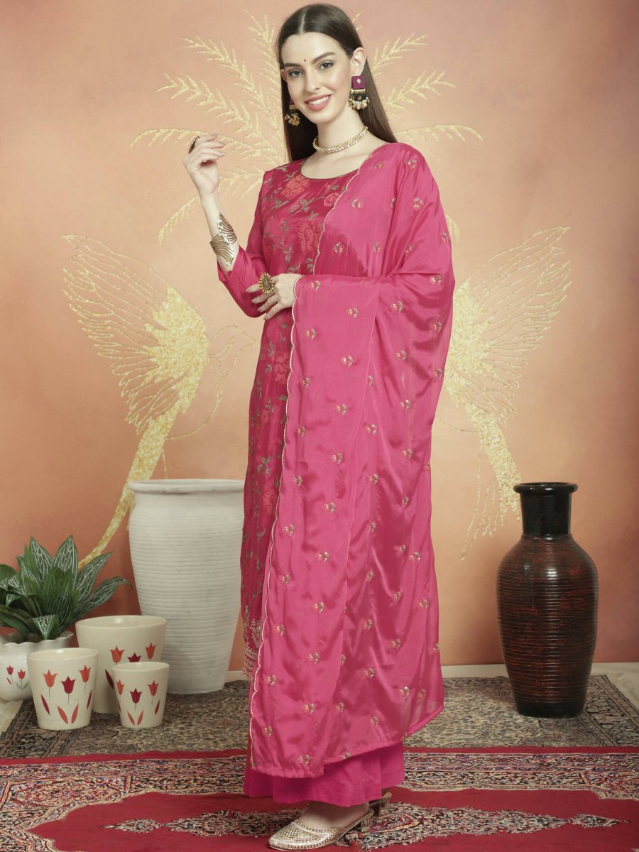 Aastha Fashion Women's Magenta Upada Silk Floral Resham Thread Kurta with Trouser & Dupatta - Grab2buy