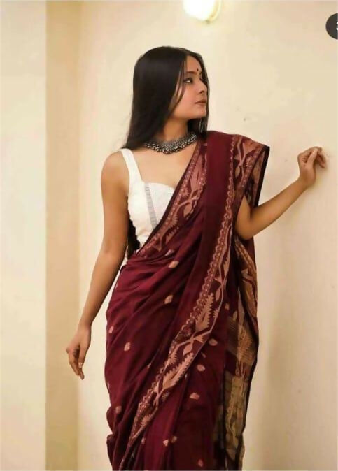 Exclusive Collection Beautiful Maroon Pure Cotton Woven Handloom Grab2Buy With Running Blouse Piece 