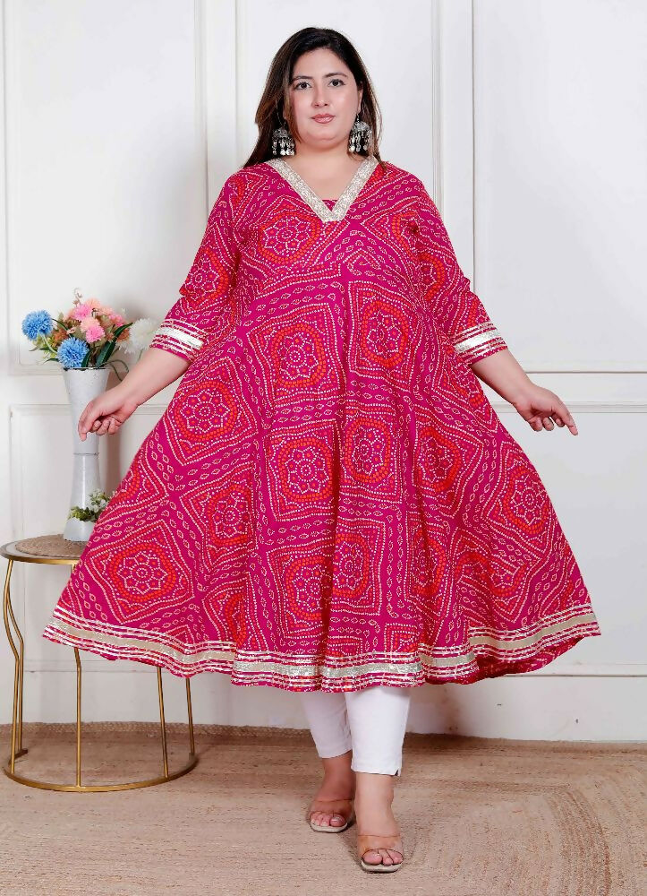 Miravan Plus Size Women'S Pink Cotton Bandhani Ethnic Anarkali Kurta