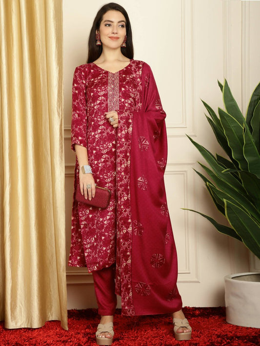 Aastha Fashion Women's Red Pashmina Floral Digital Printed Kurta with Trouser & Dupatta - Grab2buy