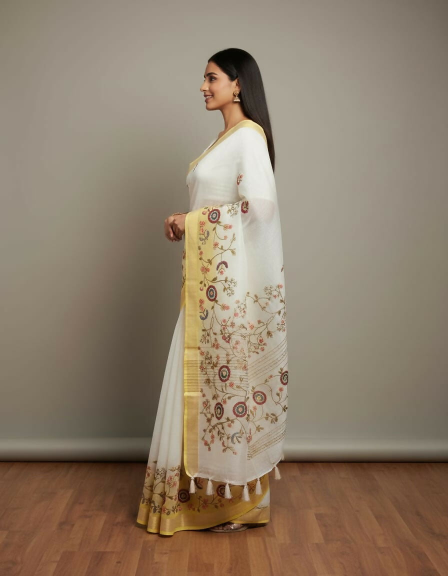 Morchari White Mal Chanderi With All Over Kantha Hand Work Saree