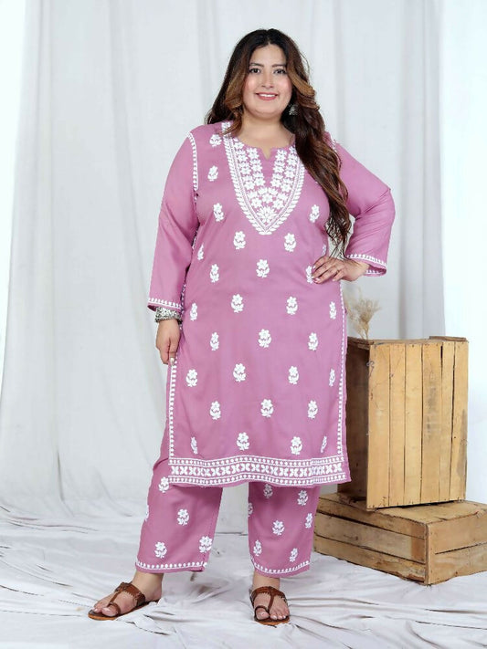 Miravan Womens Plus Size Pink Embroidered Kurta With Palazzo