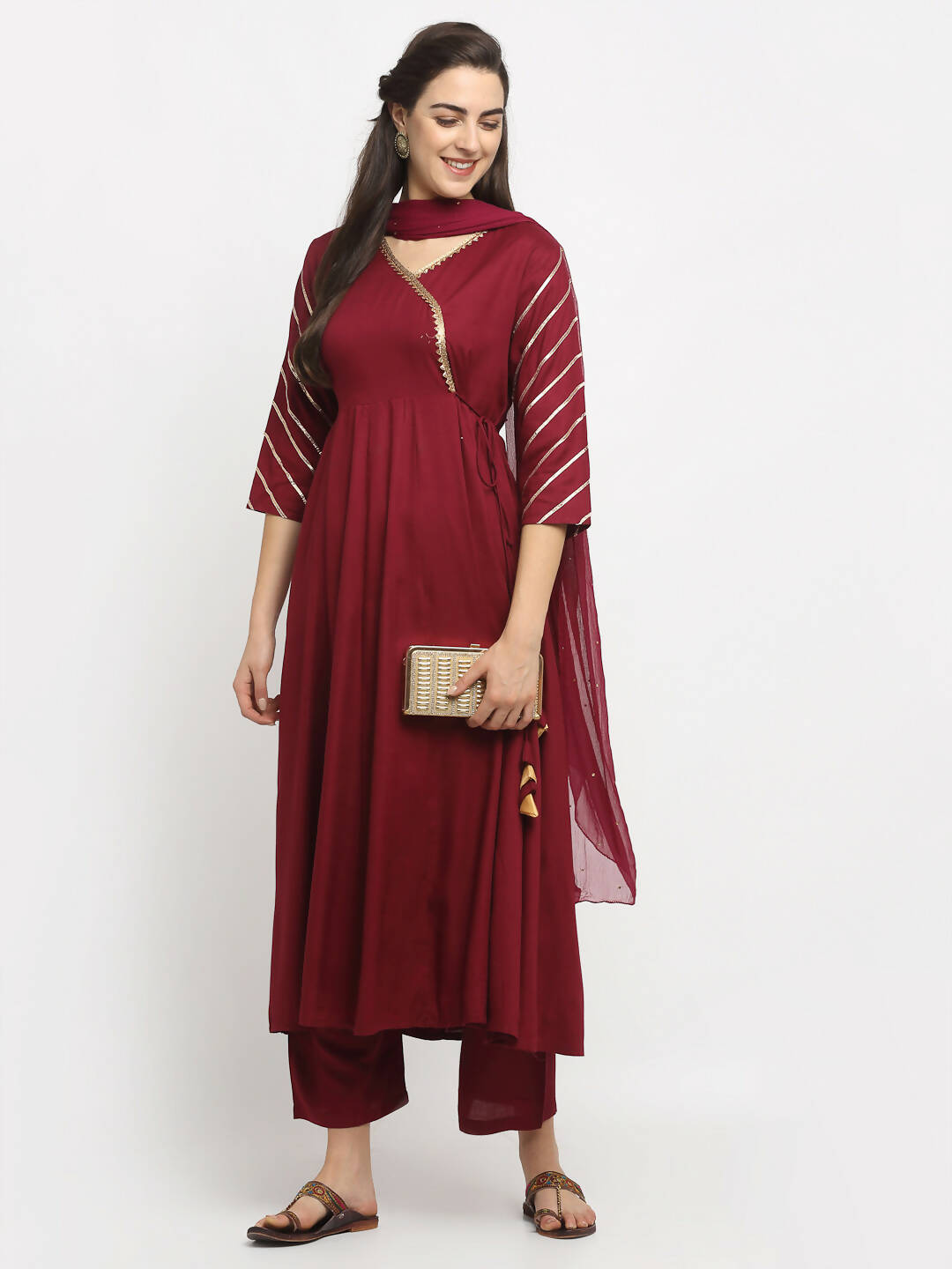 Rudra Bazaar Wine Angrakha Style Flared Anarkali Kurta with Pyjamas & Dupatta