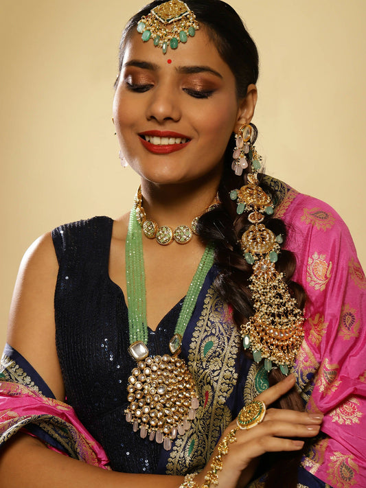 Gold-Plated White Blue Kundan-Studded Pearl Beaded Matha Patti - Ruby Raang - Grab2buy