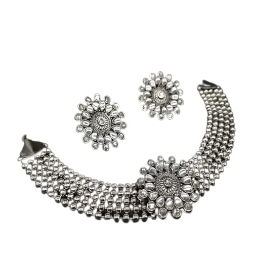Tehzeeb Creations Women's Silver Colour Oxidised Necklace And Earrings With Kundan Tehzeeb Creations