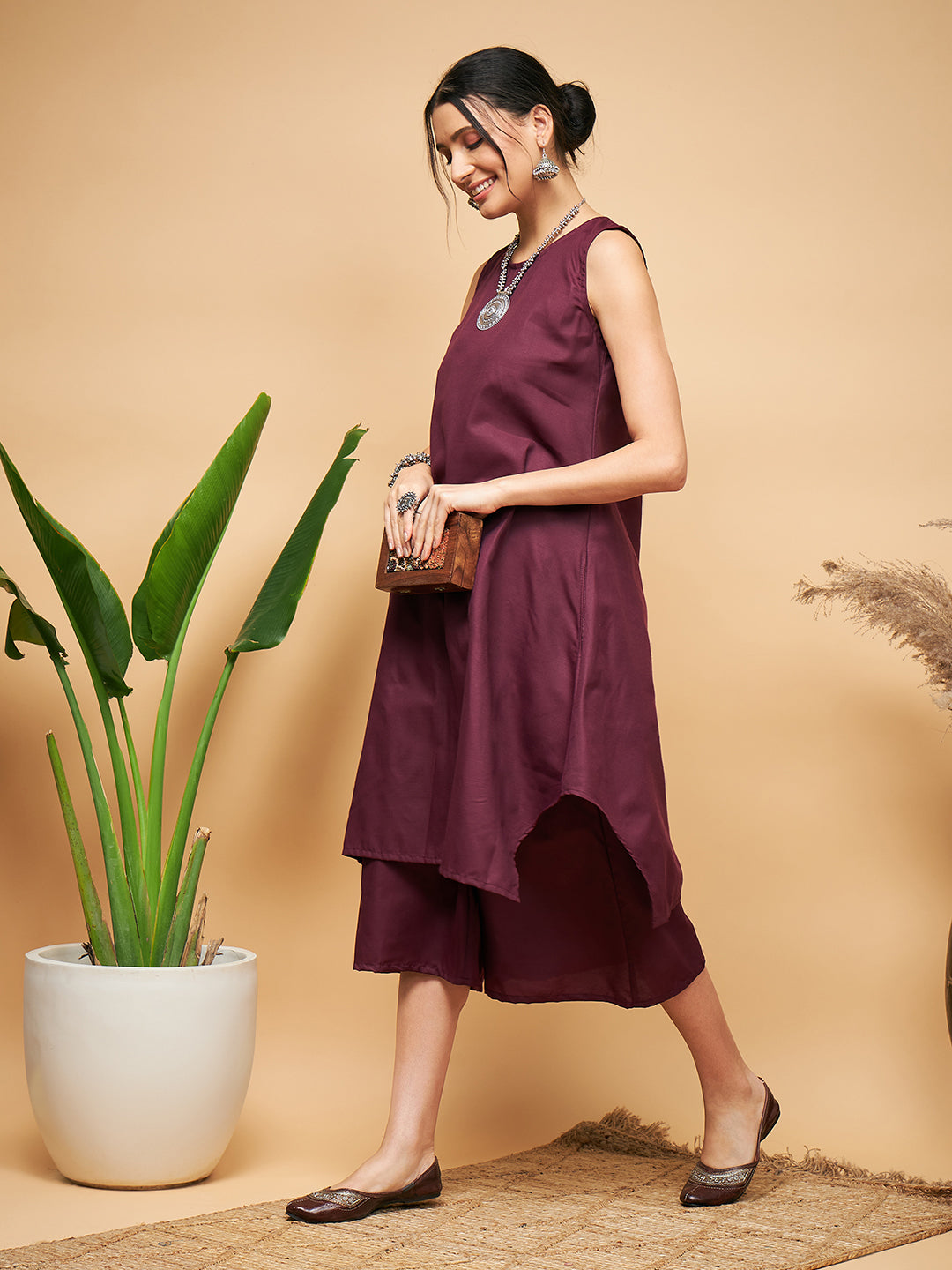InWeave Women's Wine Solid Short Kurta Palazzo Set 