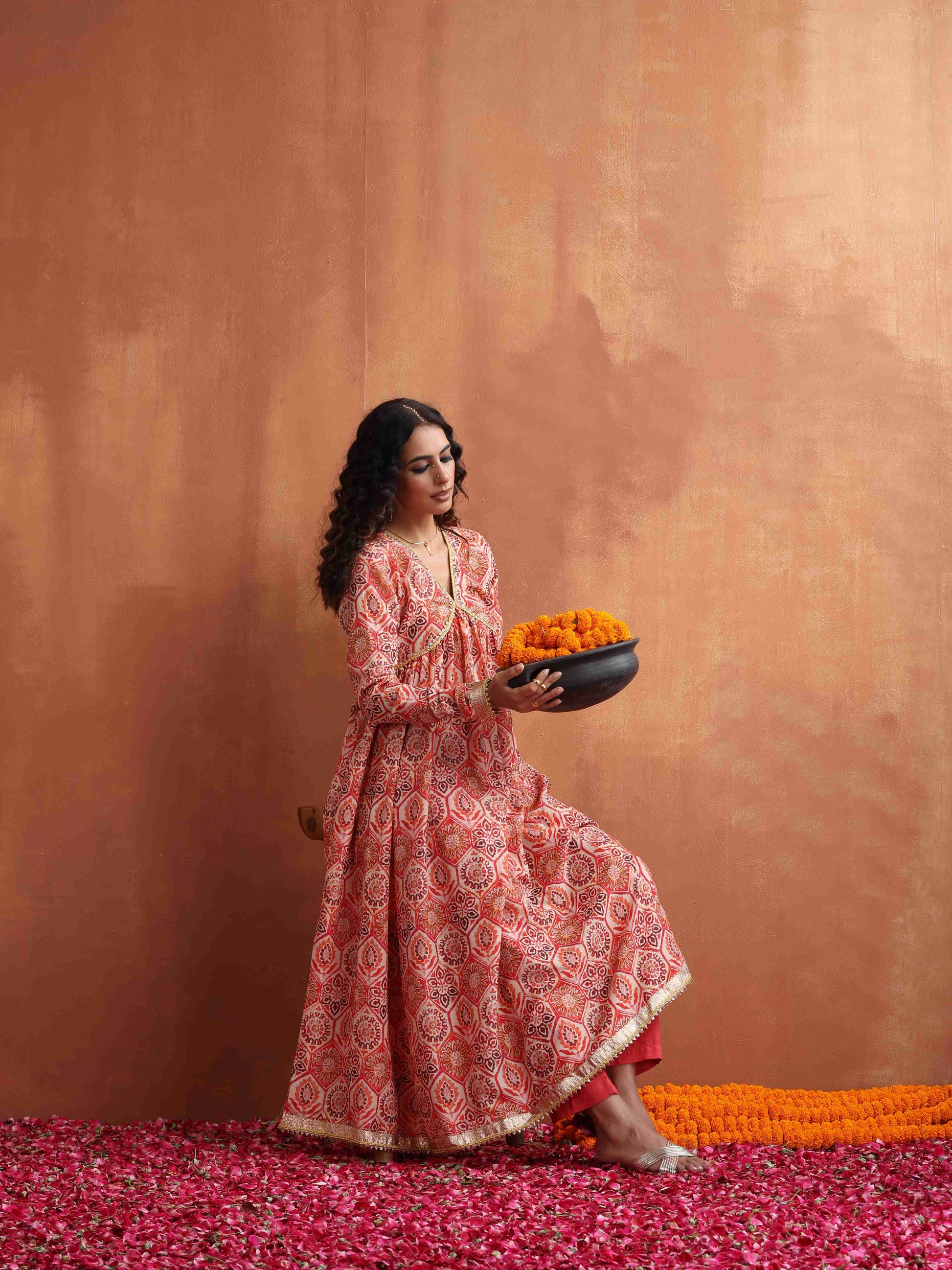 trueBrowns Beige Print Flared Anarkali Kurta Set 