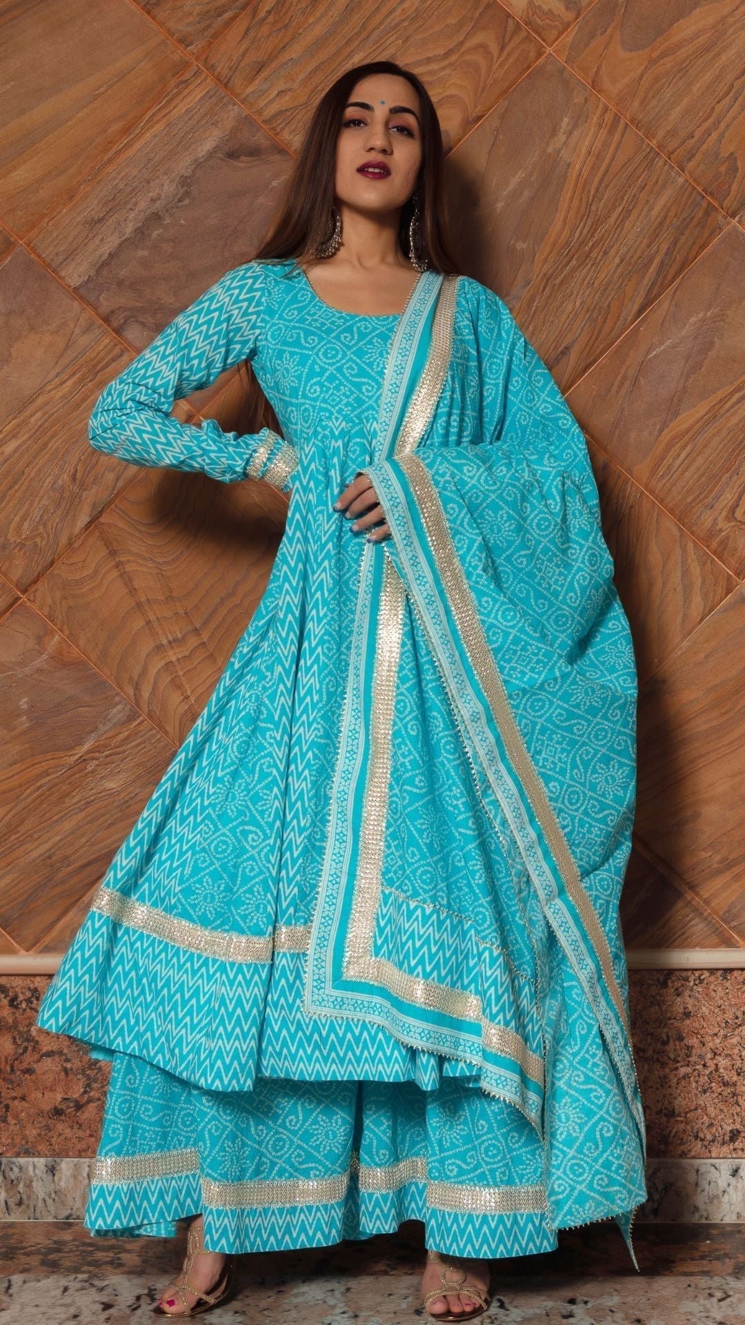 Pomcha Jaipur Neelkari Blue Cotton Anarkali Set 