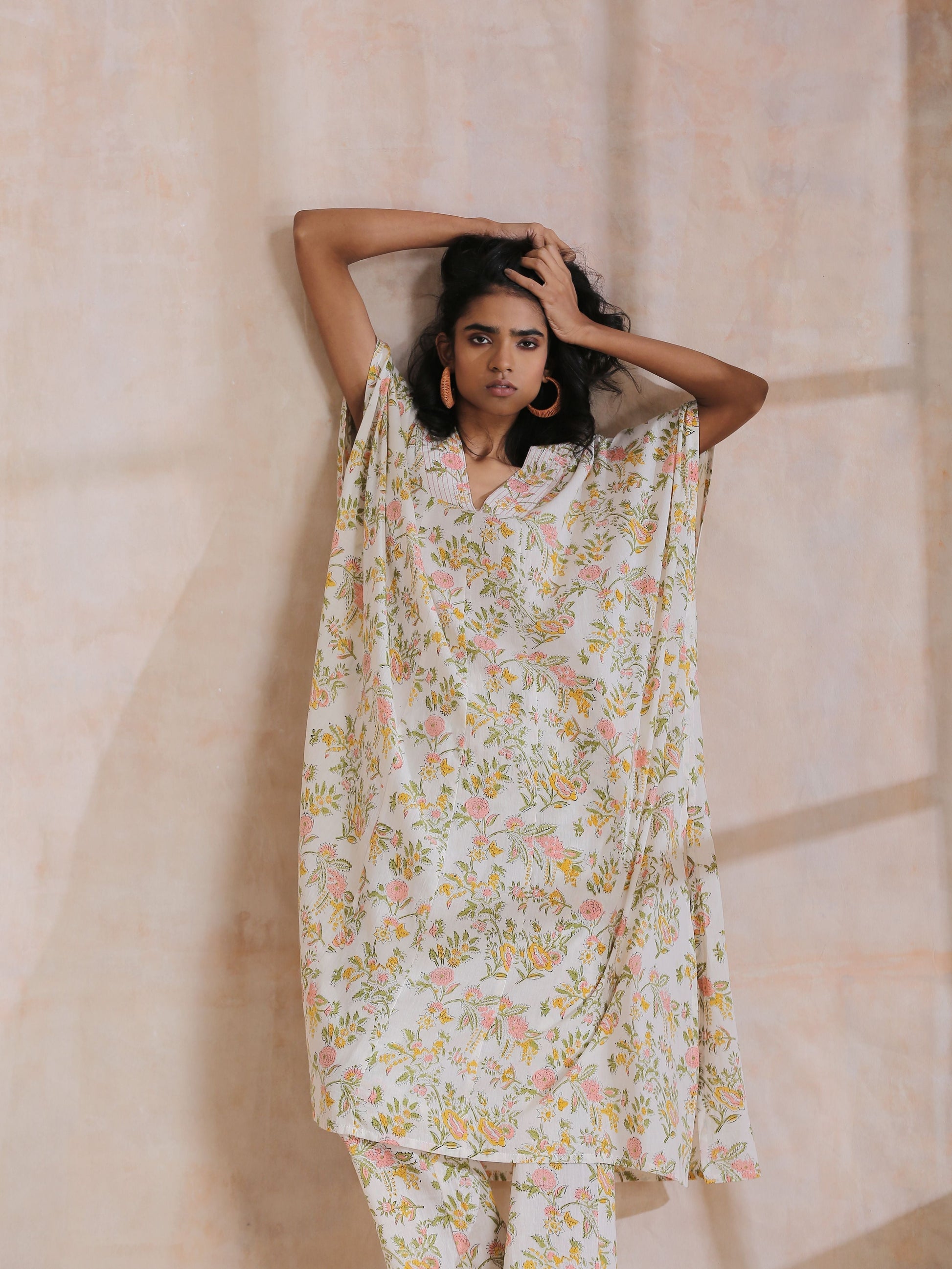 trueBrowns Pink Yellow Floral On White Block Print Cotton Panel Kaftan Kurta Pant Set 