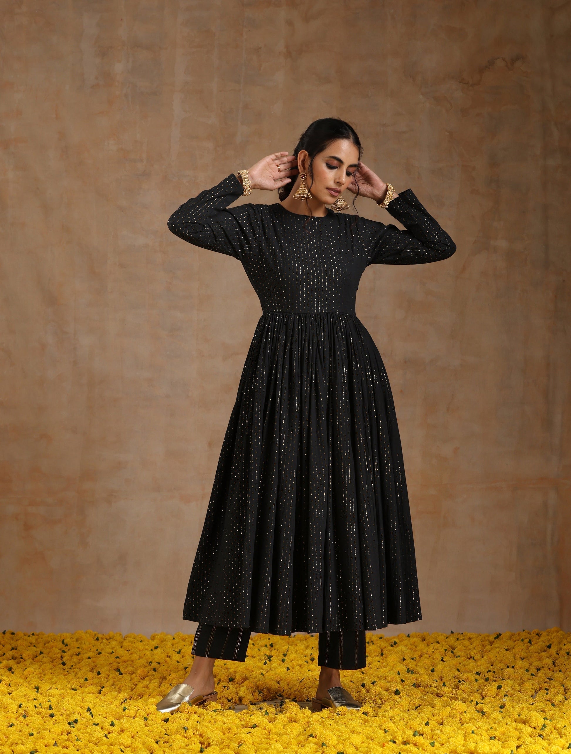 trueBrowns Black Gold Cotton Anarkali Set 