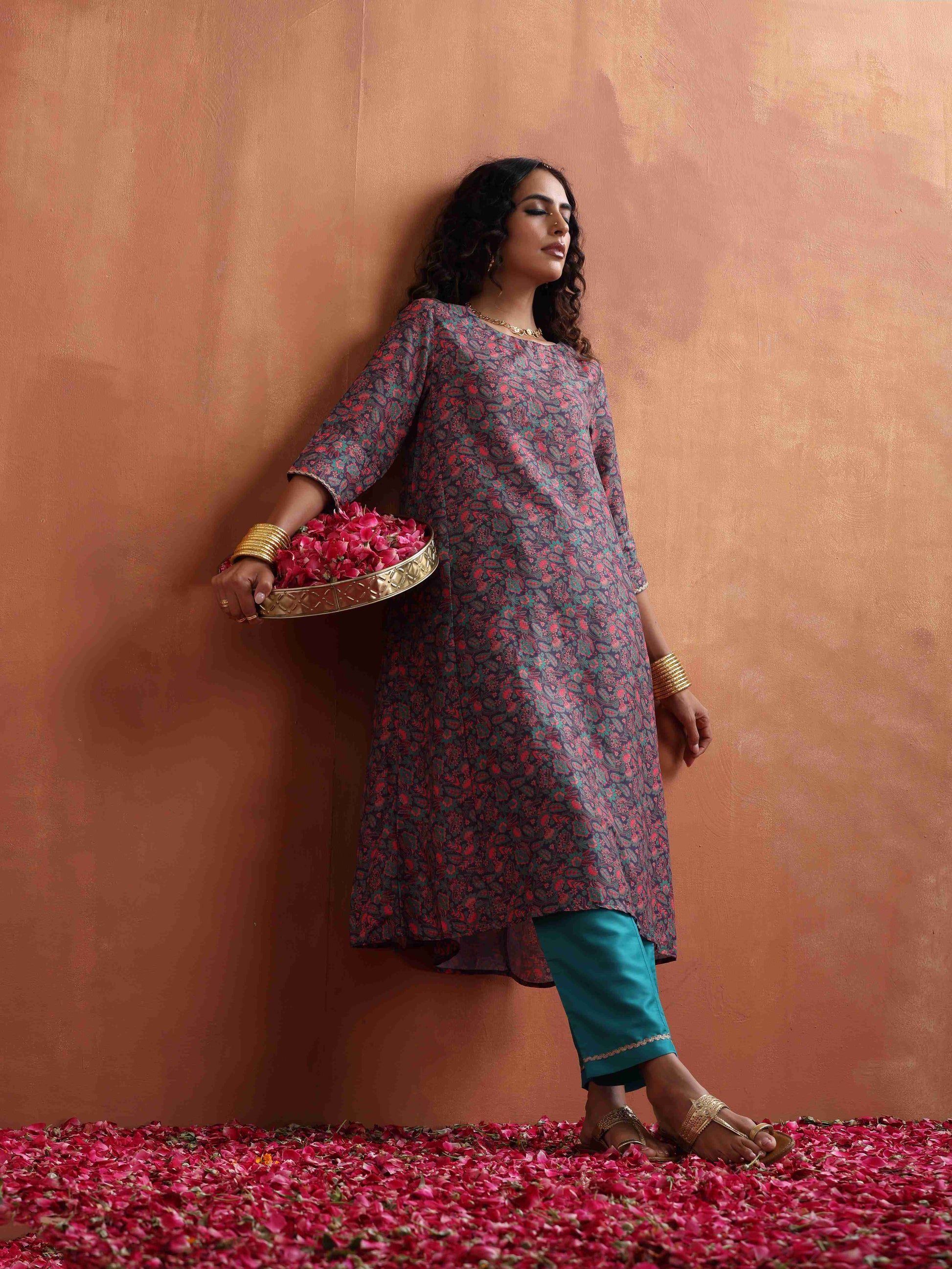 trueBrowns Purple Print A-line Kurta Set 