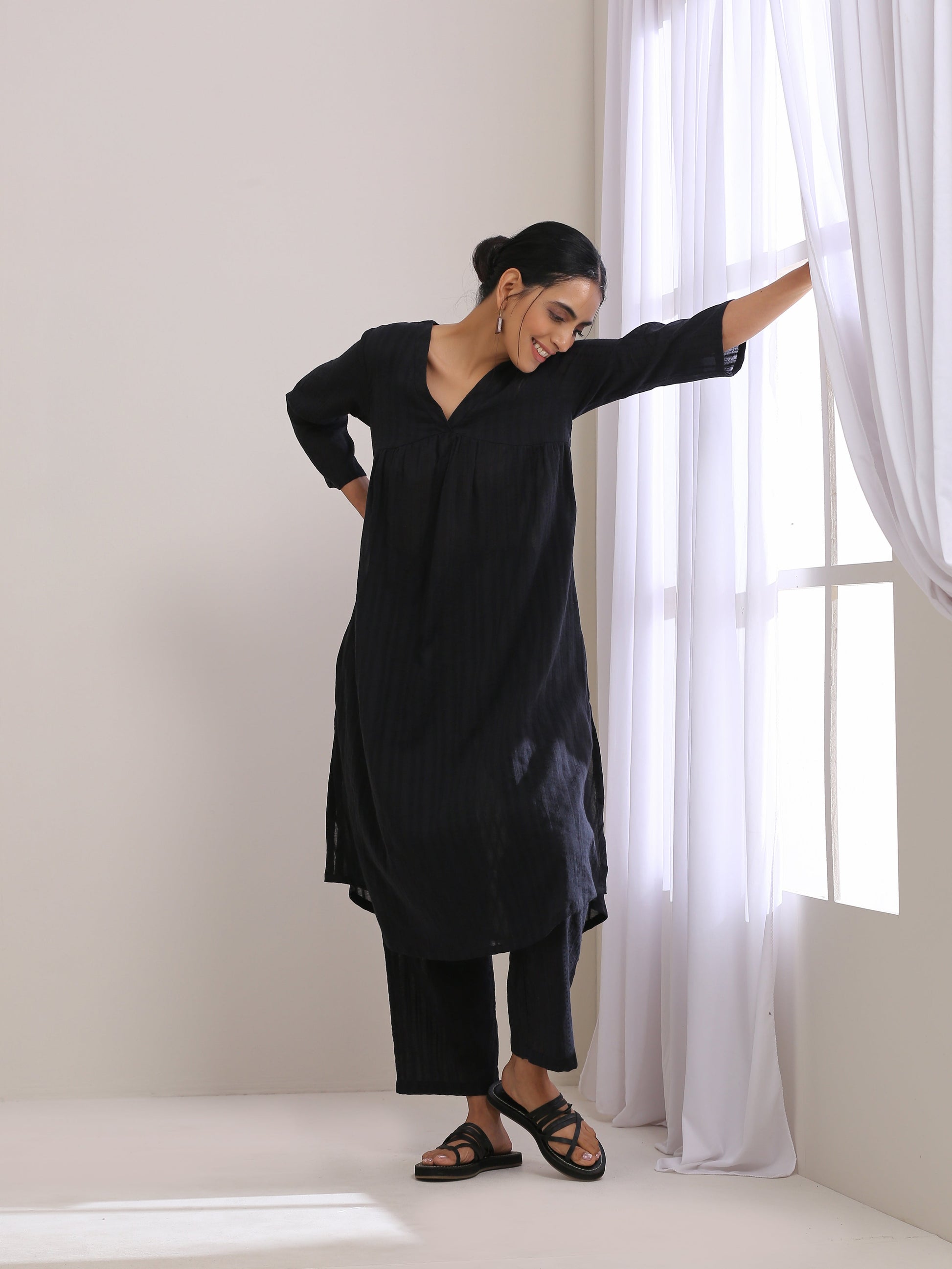 trueBrowns Black Dobby Flared Slit Kurta Pant Set 
