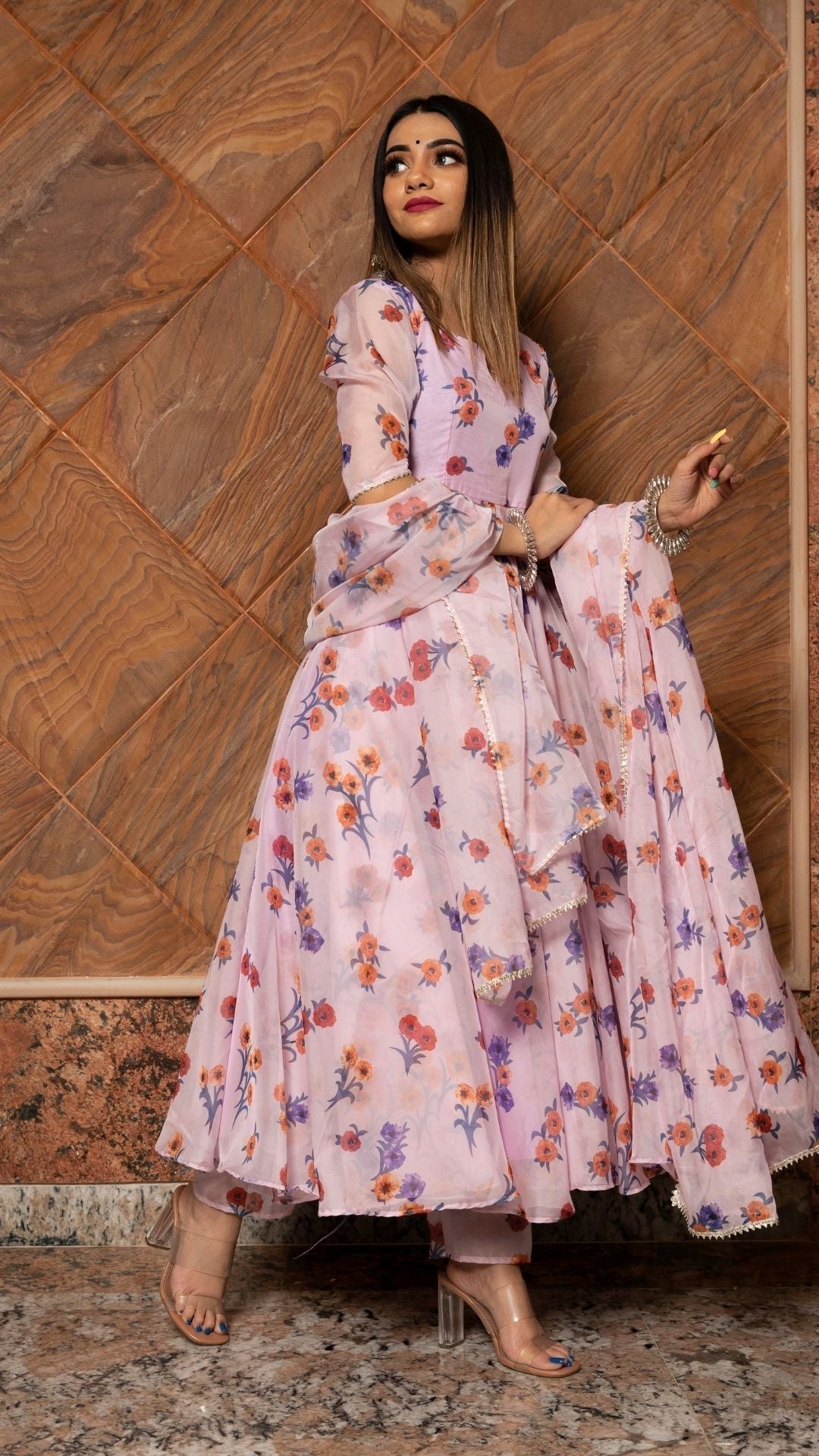 Pomcha Jaipur Lavender Gangaur Printed Organza Anarkali 