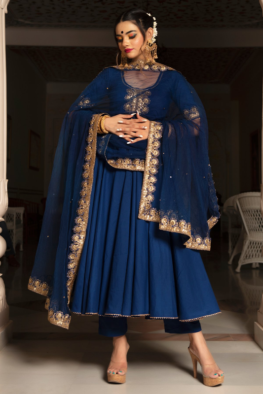 Pomcha Jaipur Minakari Blue Anarkali Set 
