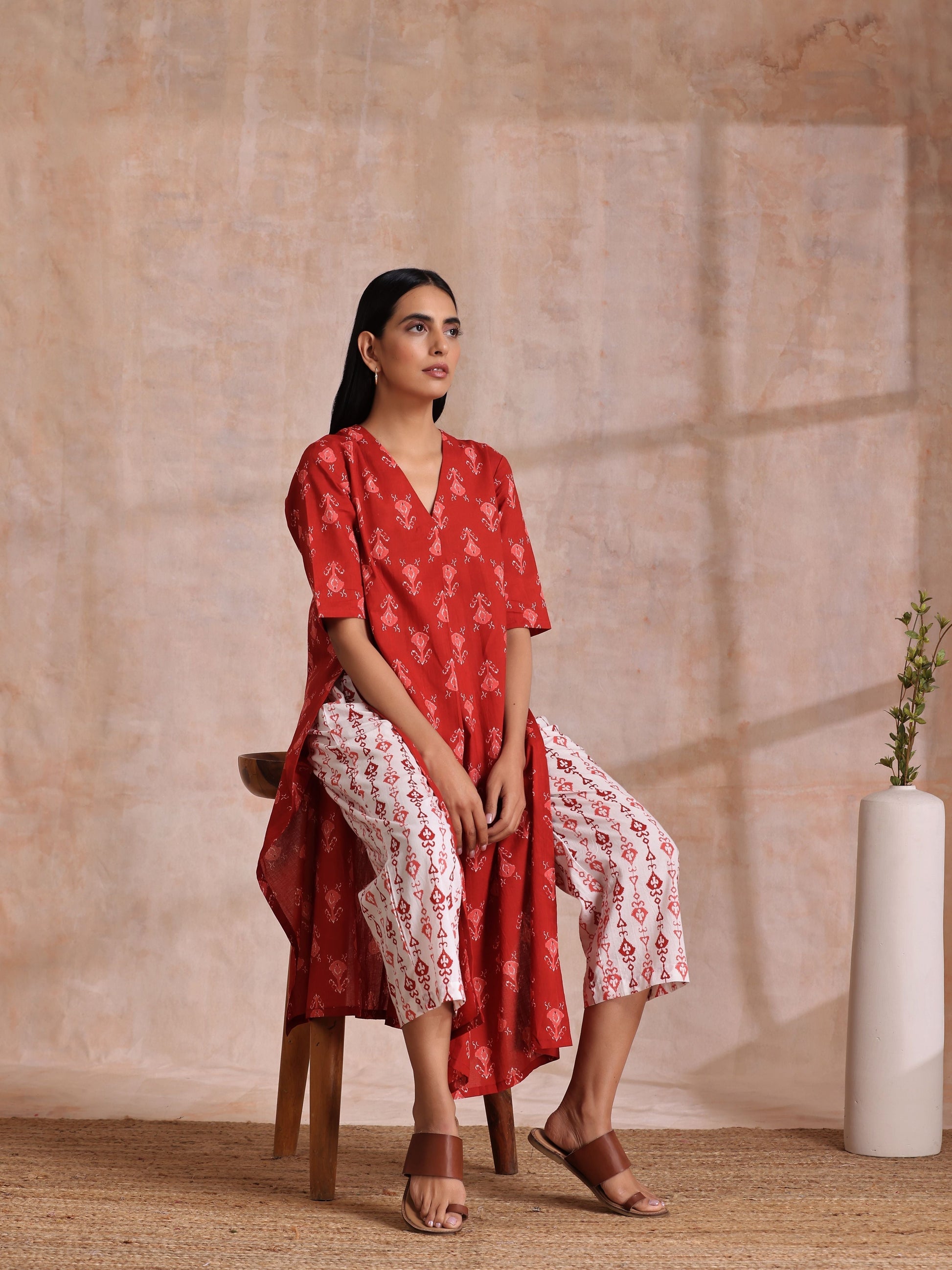 trueBrowns Red On Red Ikat Print Cotton Kurta Pant Set 