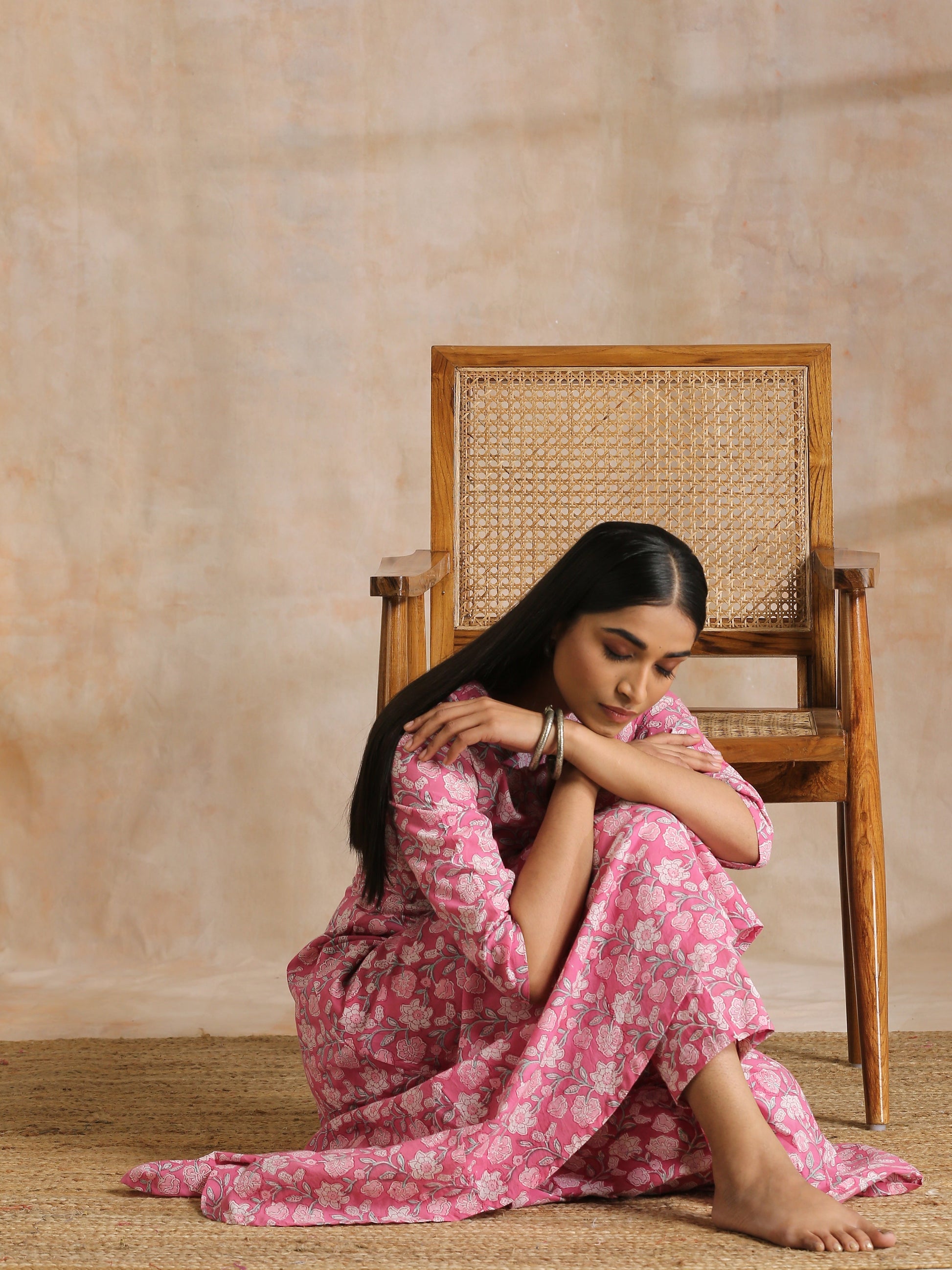 trueBrowns Pink Overall Floral Block Print Cotton Flared Kurta Pant Set 