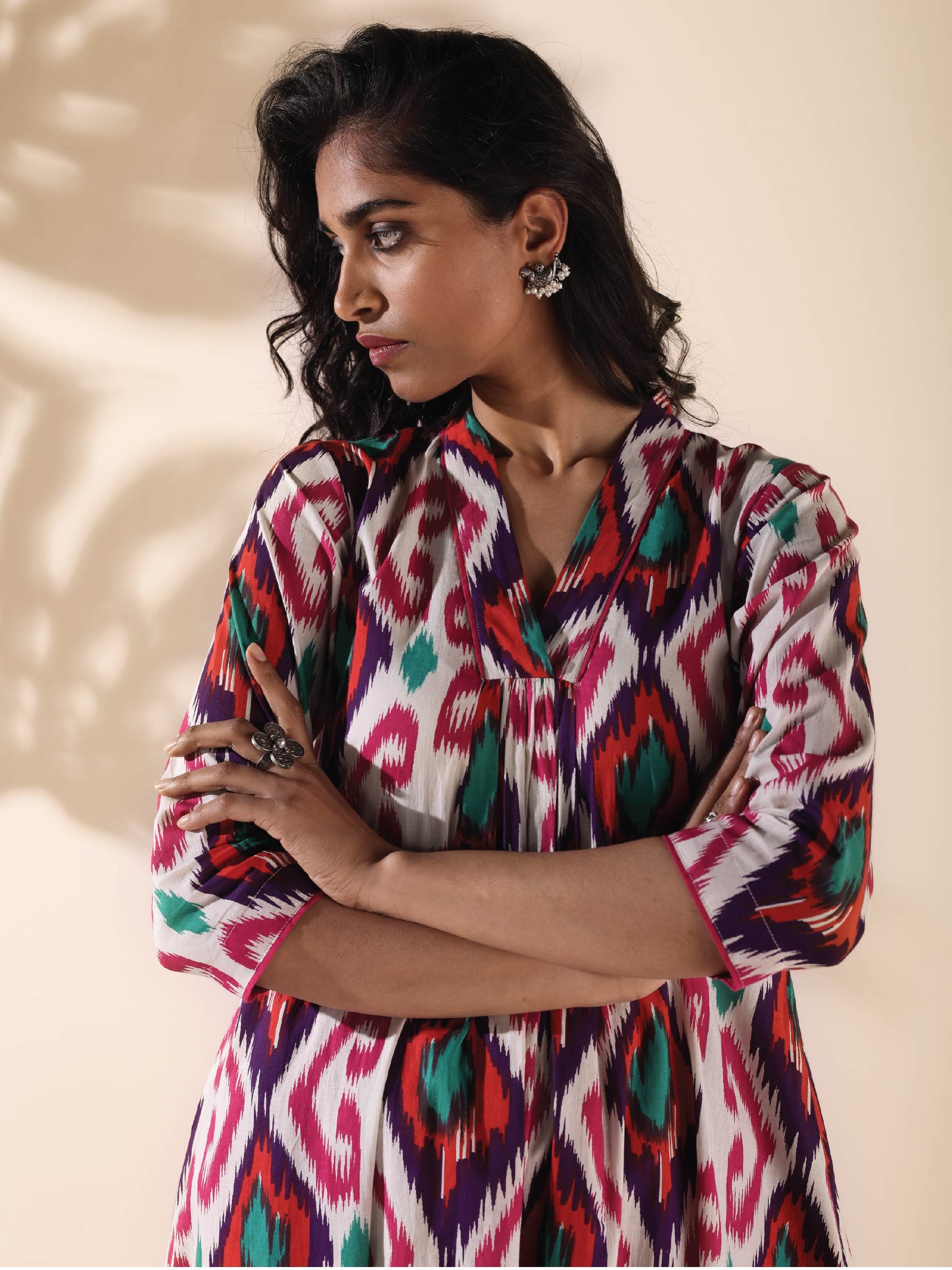 trueBrowns Pink Cotton Ikat Flared Kurta Pant Set 