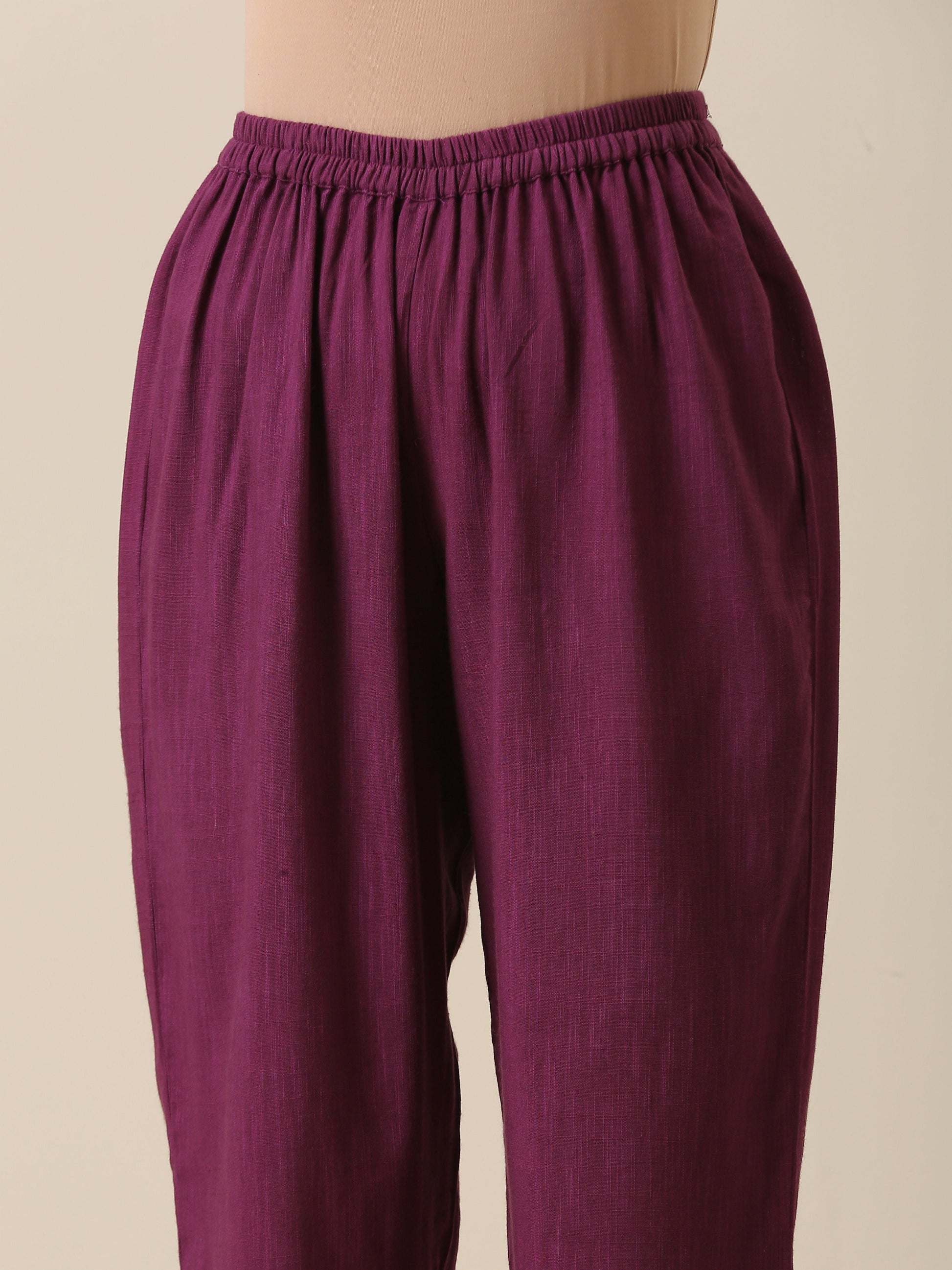 trueBrowns Plum Purple Slub Texture High Low Kaftan Pant Set 