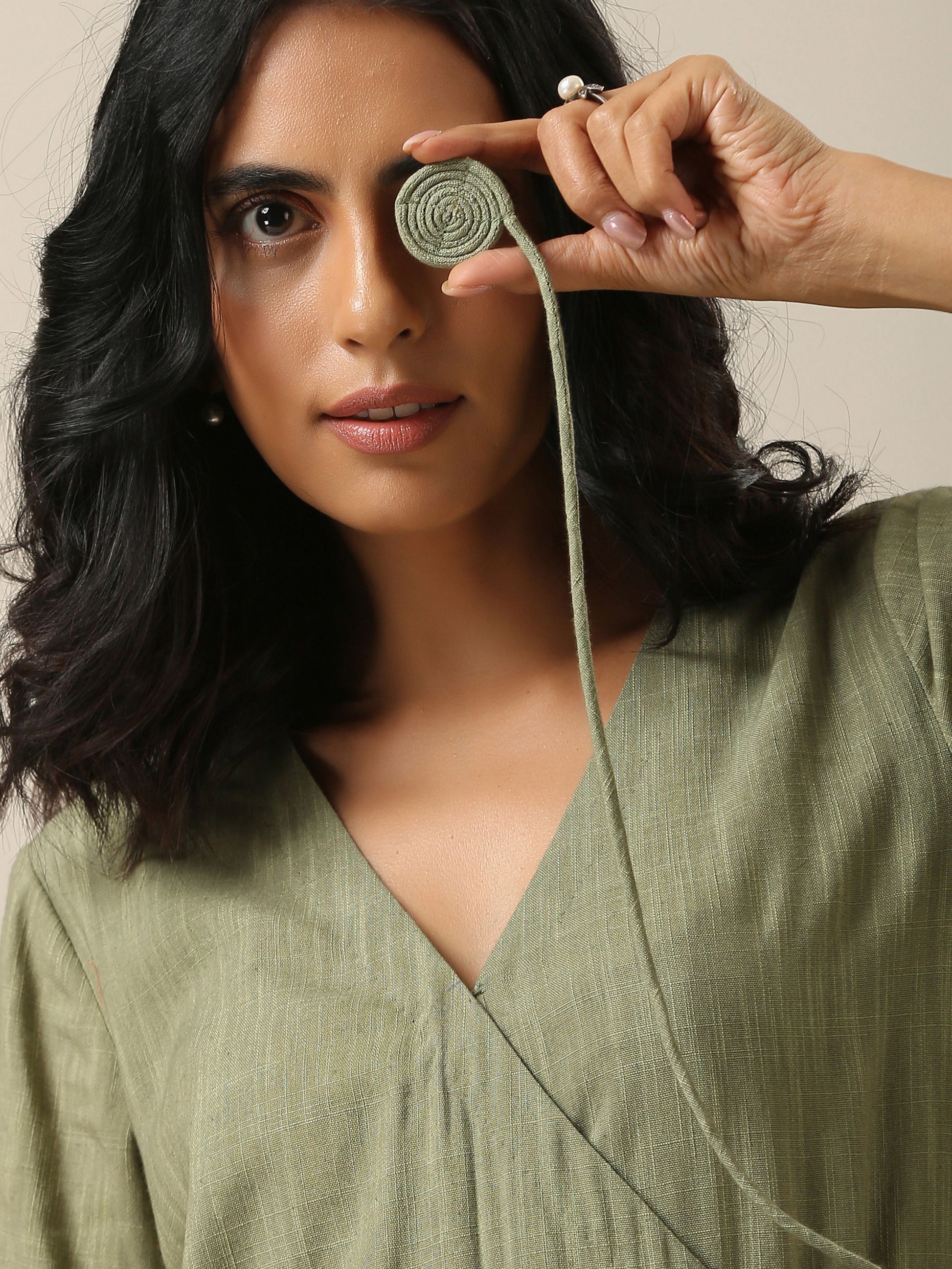 trueBrowns Sage Slub Texture Angrakha Pant Set 