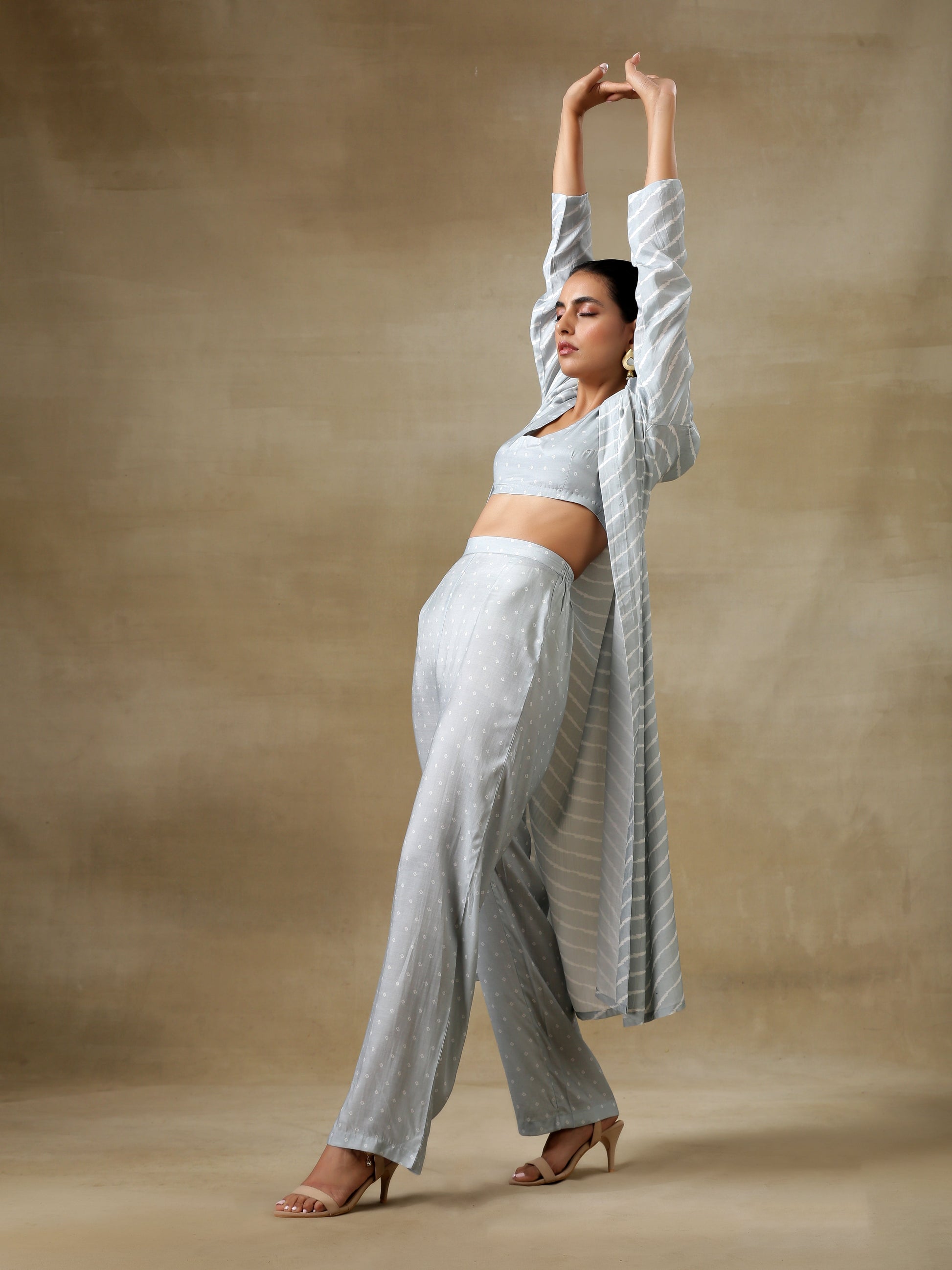 trueBrowns Grey Bandhani Printed Silk Overlay Jacket Blouse Pant Set 