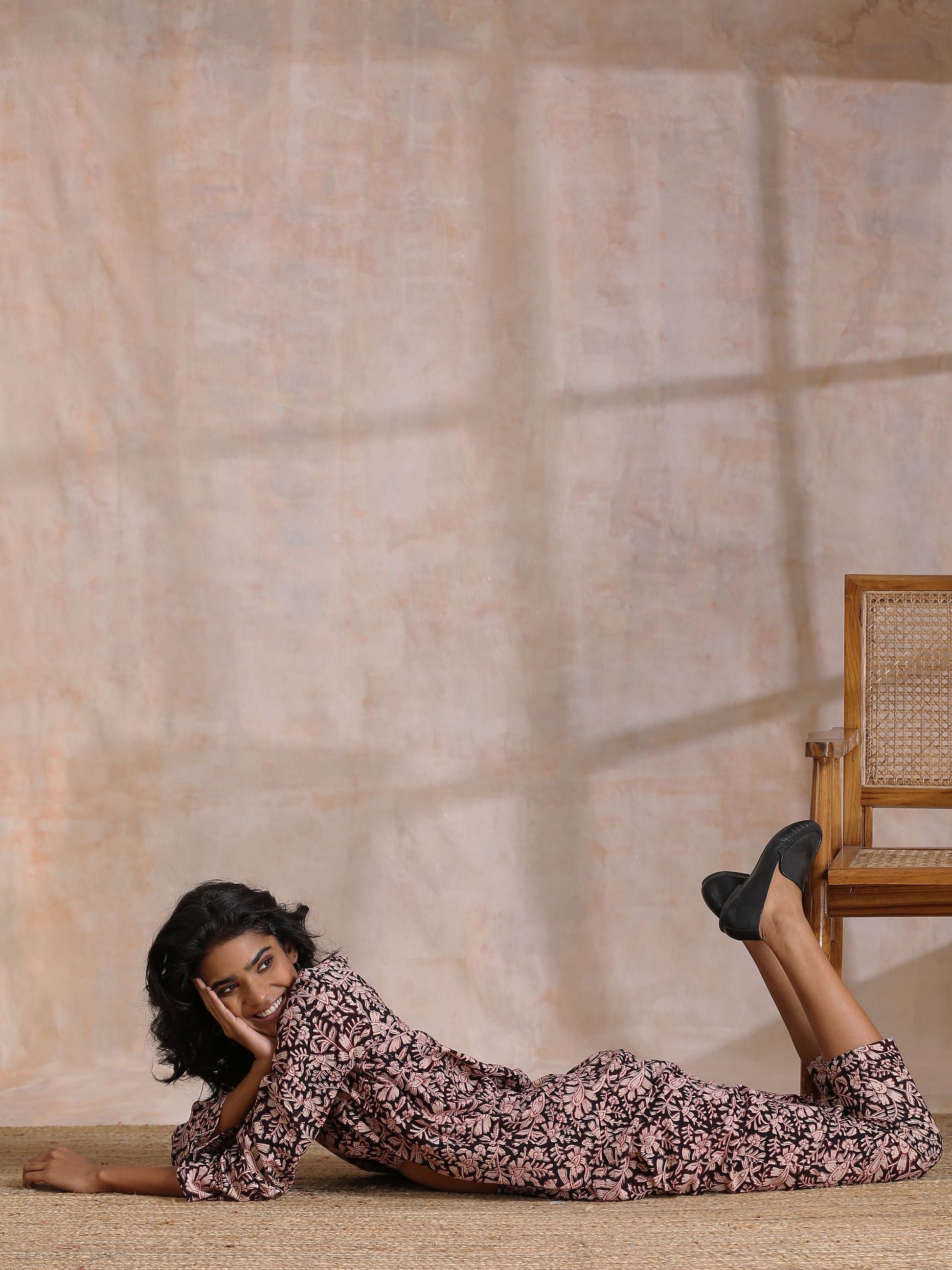 trueBrowns Black Floral Overall Bagru Print Cotton Pant Suit Set 