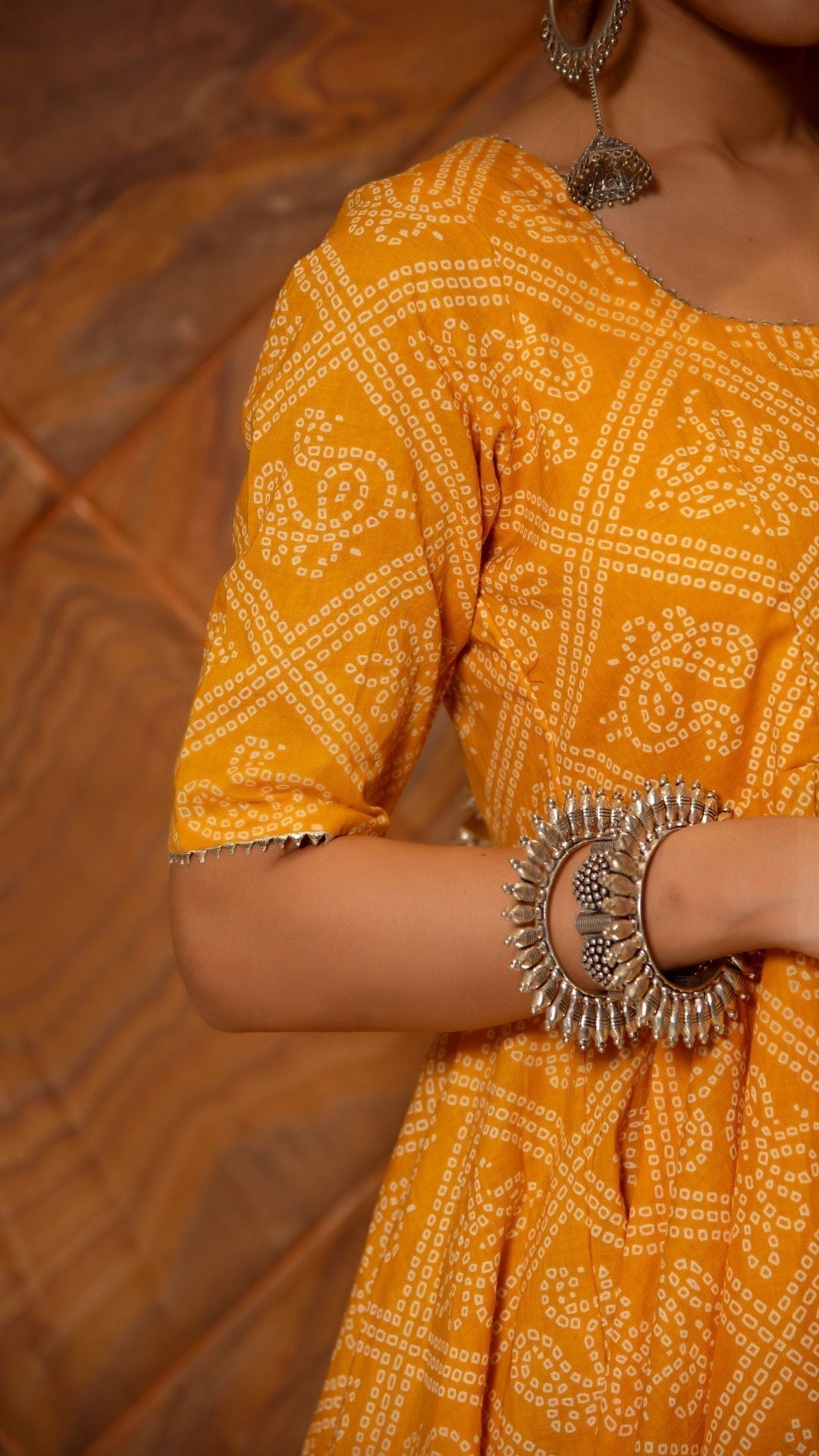 Pomcha Jaipur Bandhej Yellow Cotton Anarkali Set 