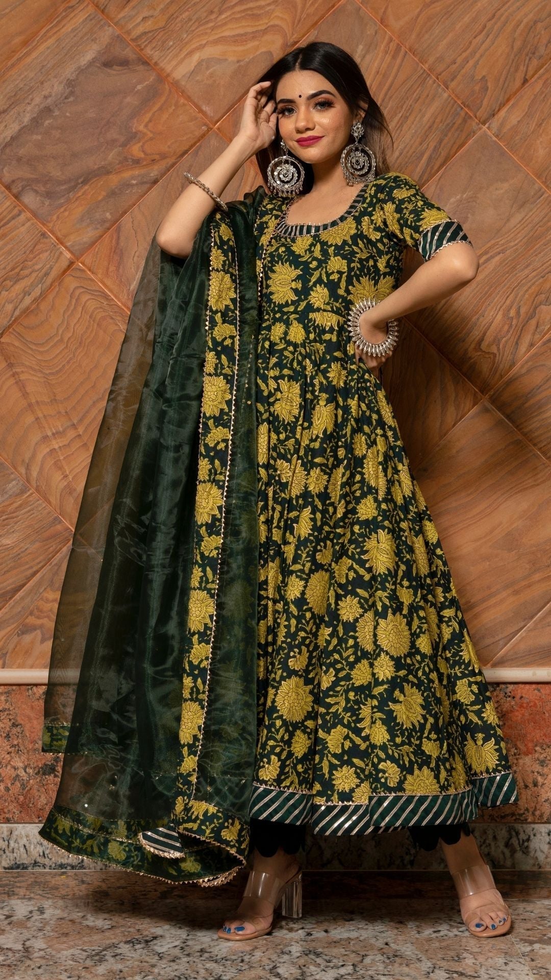 Pomcha Jaipur Idika Green Hand Block Anarkali Set 