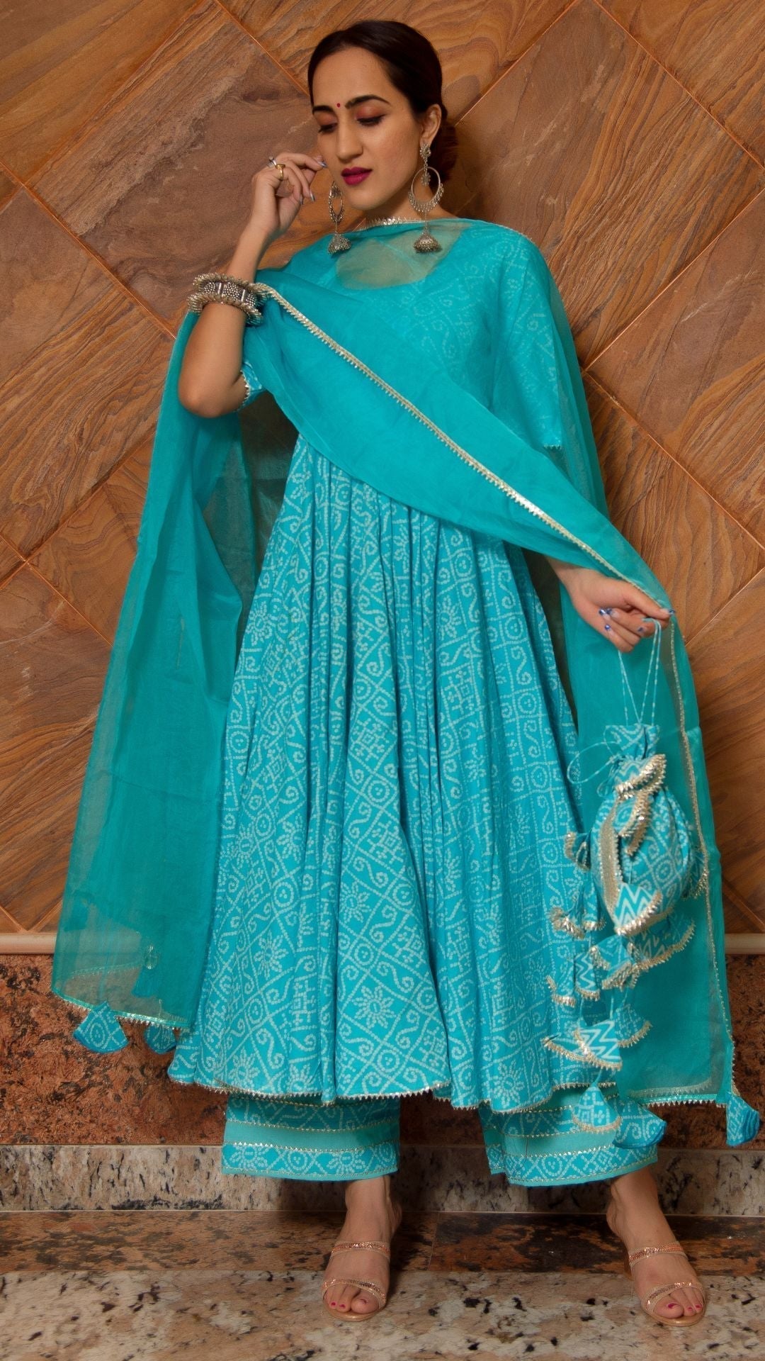 Pomcha Jaipur Bandhej Blue Cotton Anarkali Set 
