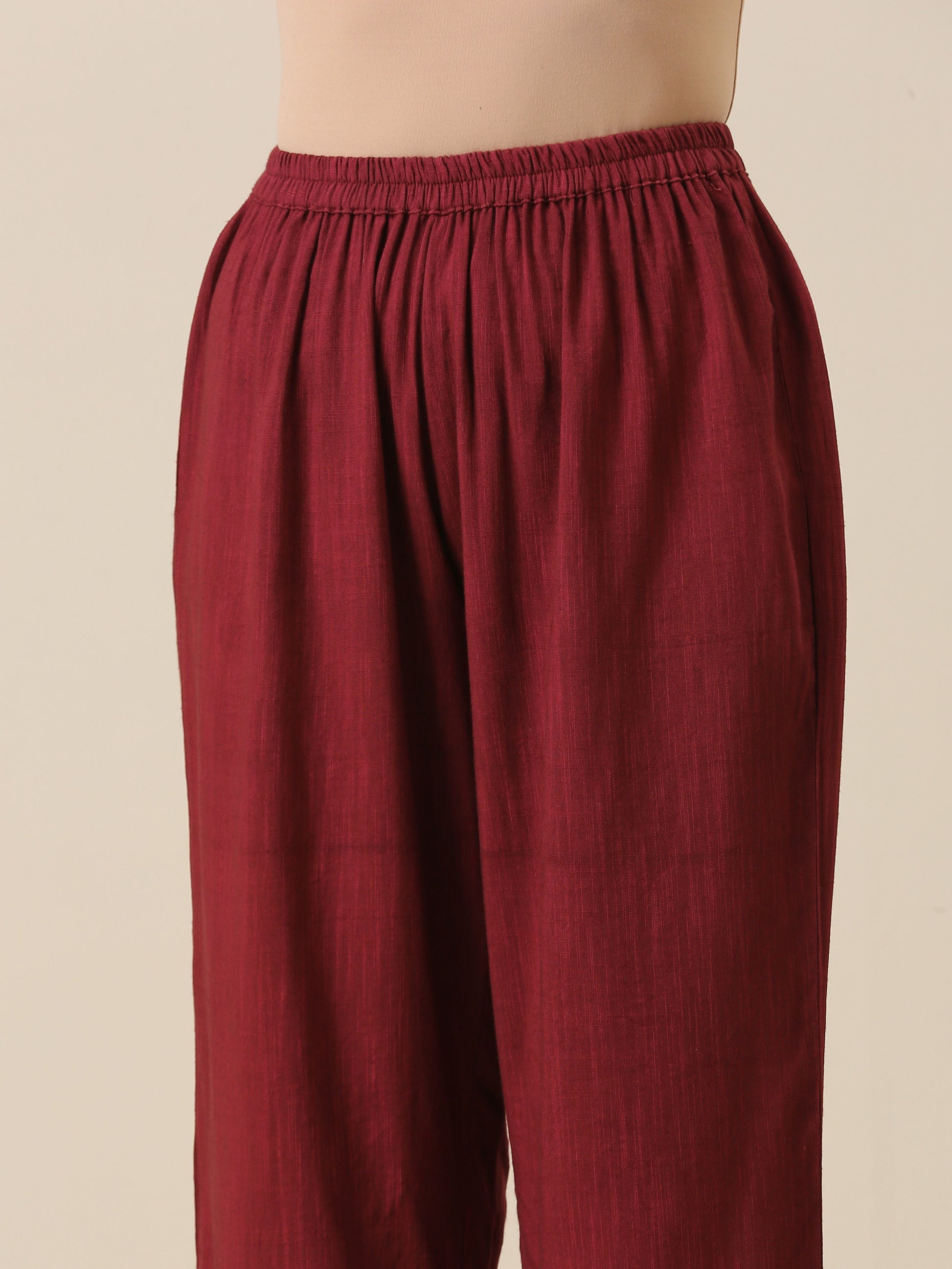 trueBrowns Ruby Wine Slub Texture Back Pleat Kurta Pant Set 