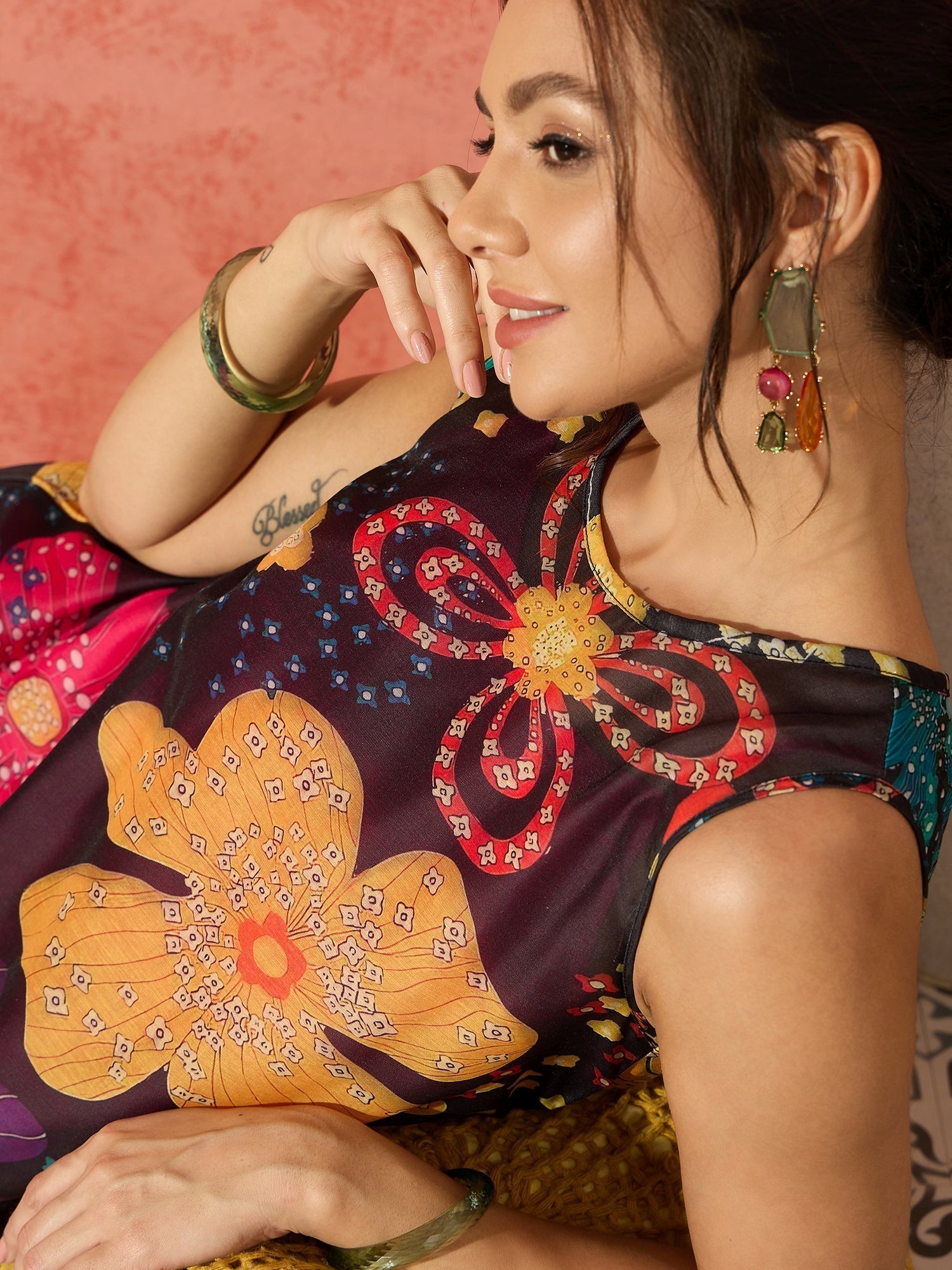 InWeave Black Floral Fuchsia Asymmetrical Dress 