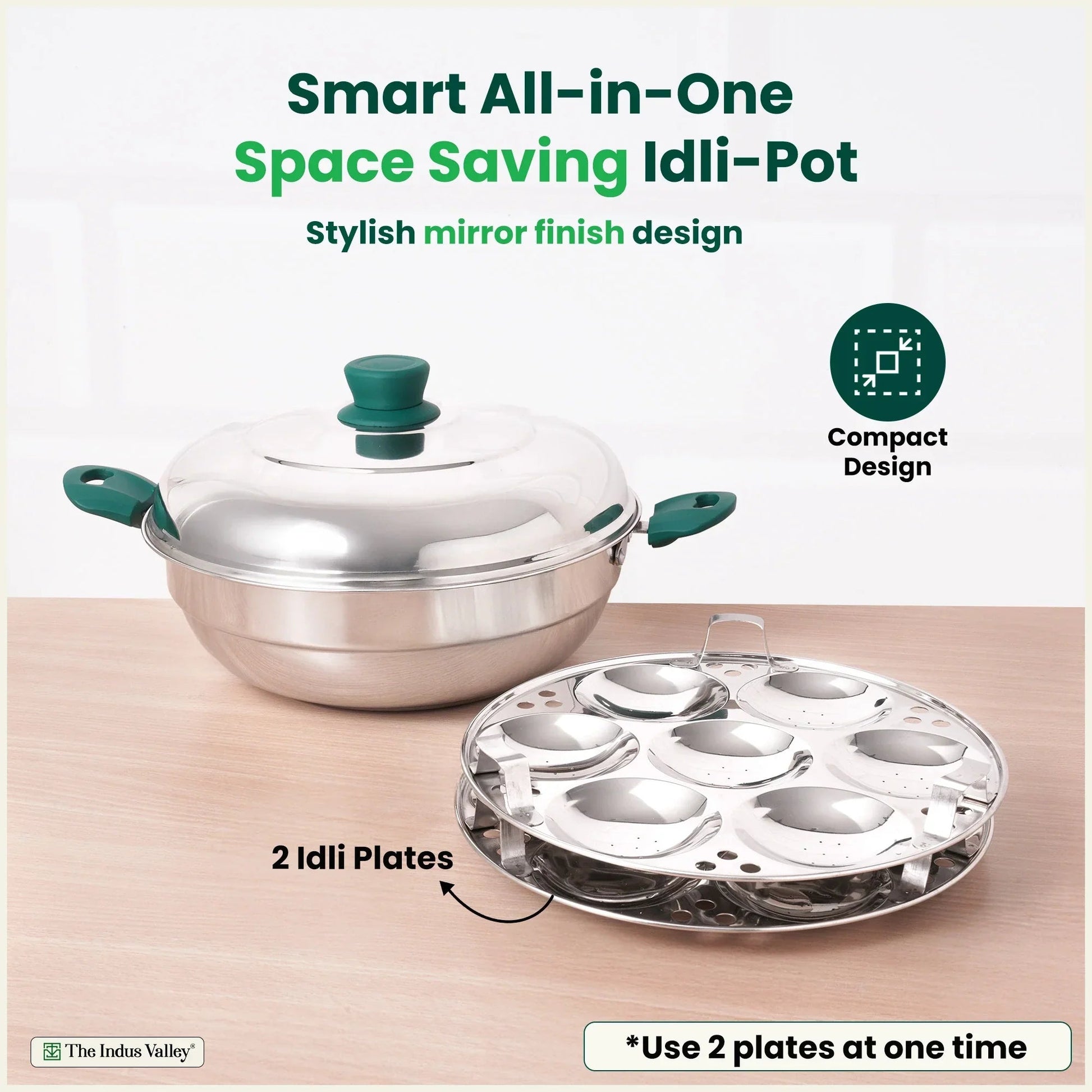 The Indus Valley 14 Pit Tri-Steel Multi Pot Premium Stainless Steel Idli/ Momo Maker/ Veg Steaming Set, Tri-ply Induction Bottom, 2 Plates, 27cm 