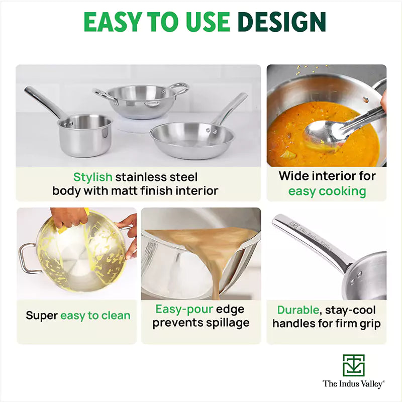 The Indus Valley TurboCuk Tri-ply Stainless Steel Cookware Set: 2.2L Kadai+ 1.4L Frypan+ 1.2L Tea/Milk pan, Premium Quality, 3 Layer Thick Body, 100% Toxin-free, Non-stick, Induction & Gas  Grab2Buy The Indus Valley Grab2Buy