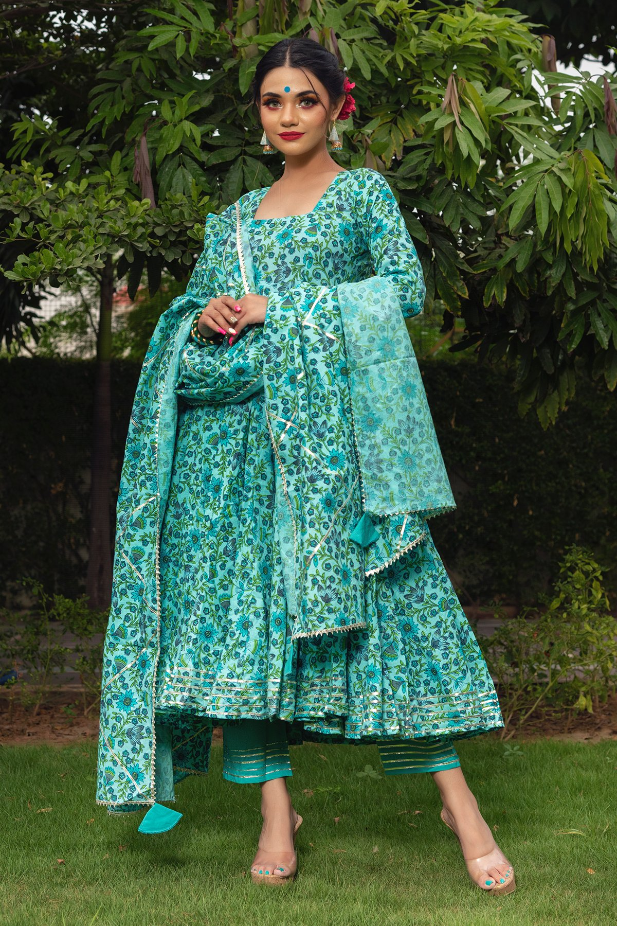 Pomcha Jaipur Morni Hand Block Cotton Anarkali Set 