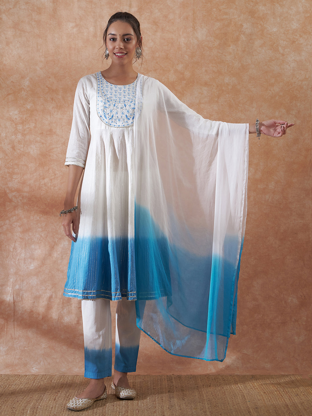 InWeave Women's White Lurex Blue Dye Patch Gota Anarkali Kurta Set W Dupatta 