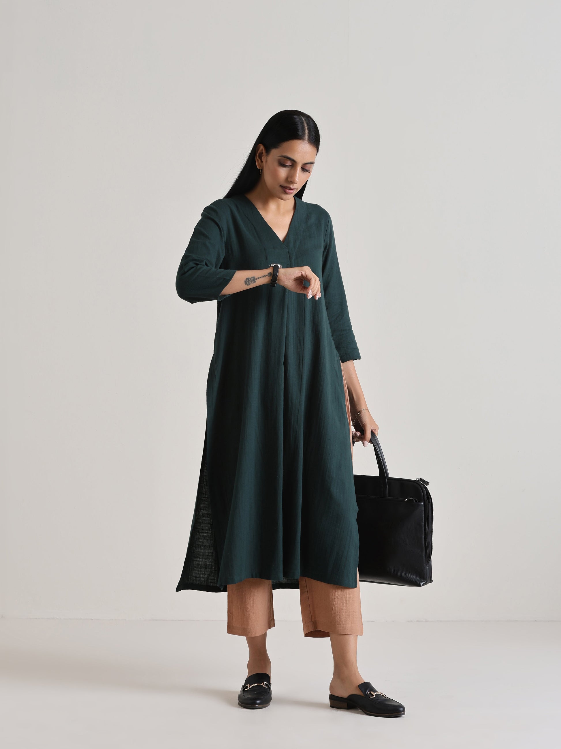 trueBrowns Dark Green Kurta Pant Set 