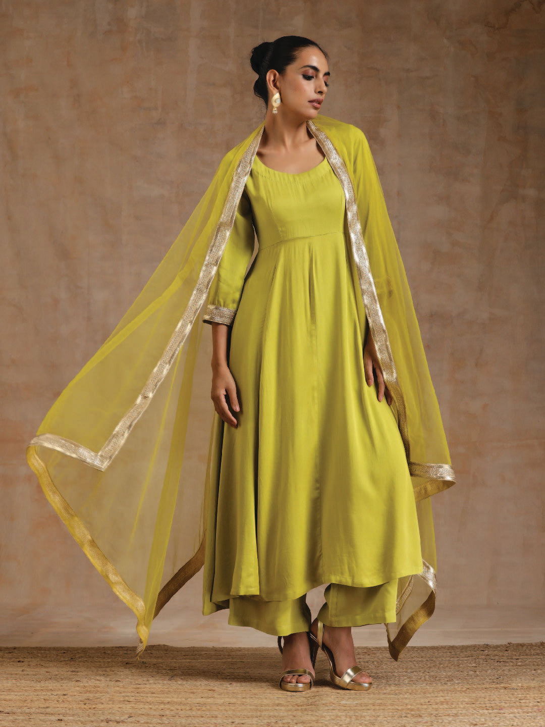 trueBrowns Lime Modal Satin Anarkali Set 