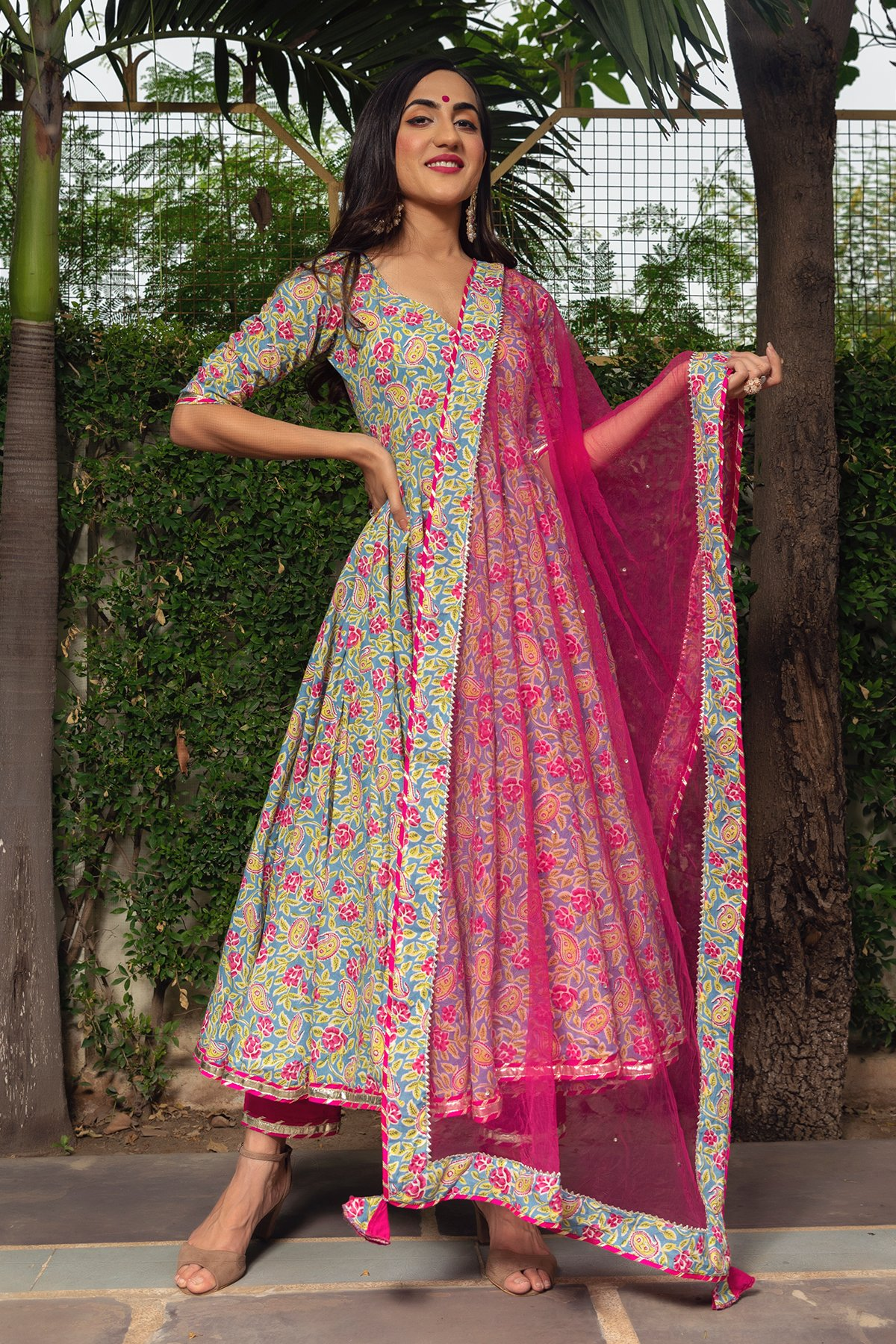 Pomcha Jaipur Jaipuri Hand Block Cotton Anarkali Set 