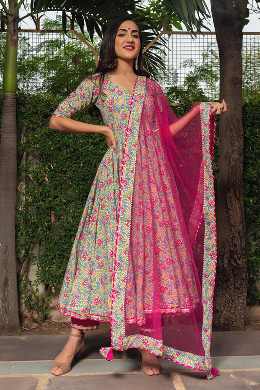 Pomcha Jaipur Jaipuri Hand Block Cotton Anarkali Set 
