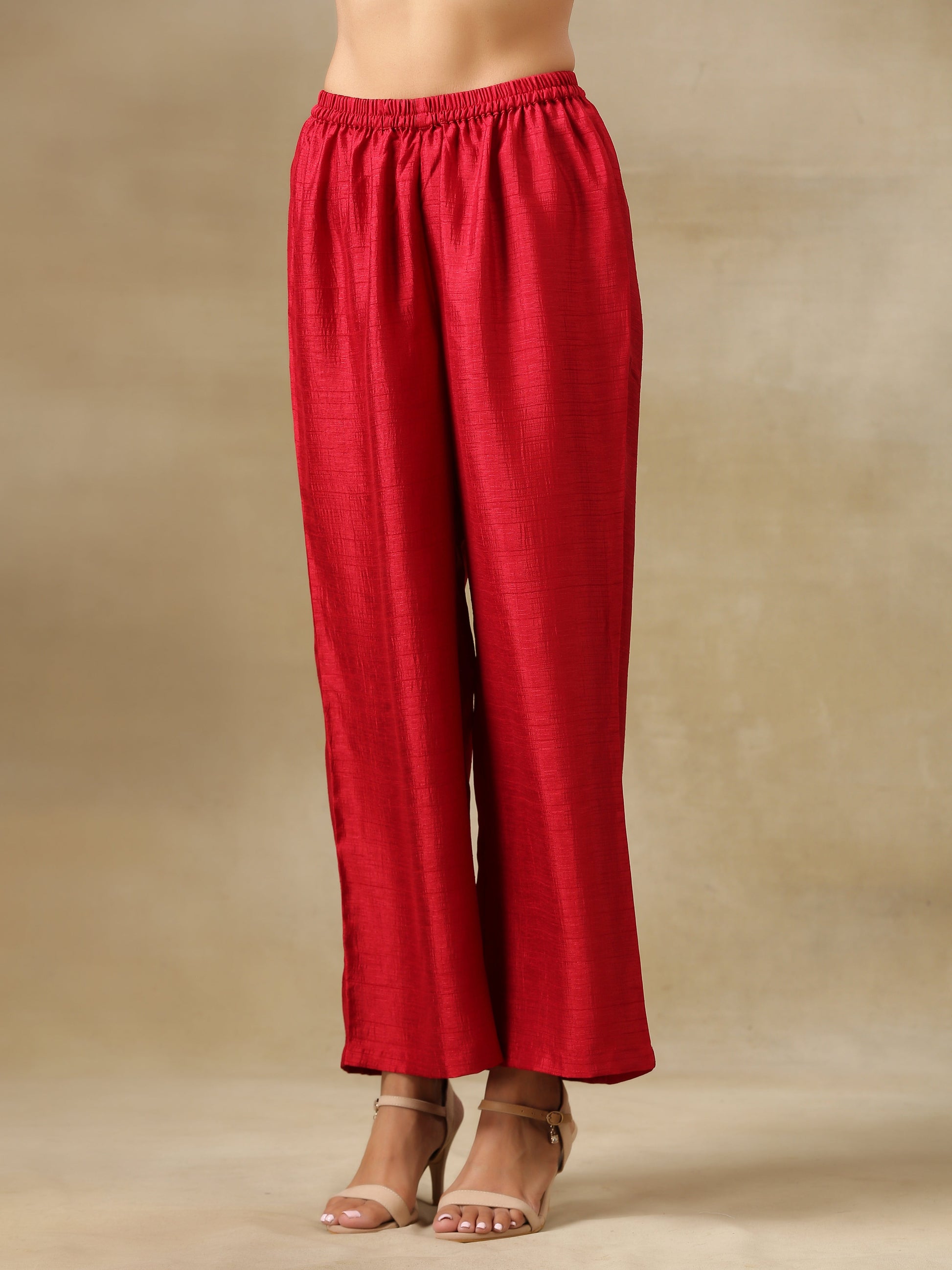 trueBrowns Maroon Textured Silk Front Slit Kurta Pant Set 