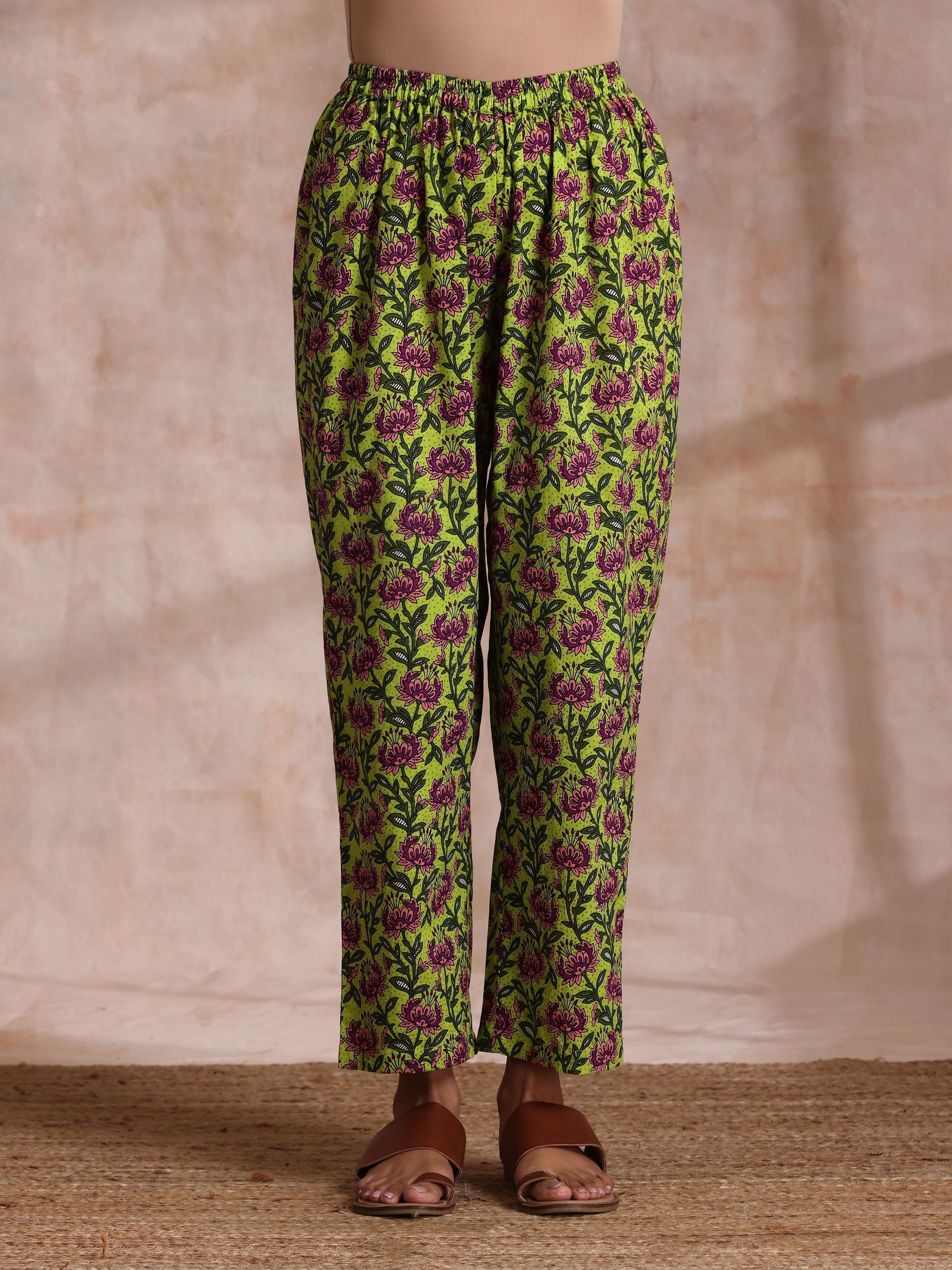 trueBrowns Lime Green Overall Pink Floral Block Print Cotton Flared Kurta Pant Set 