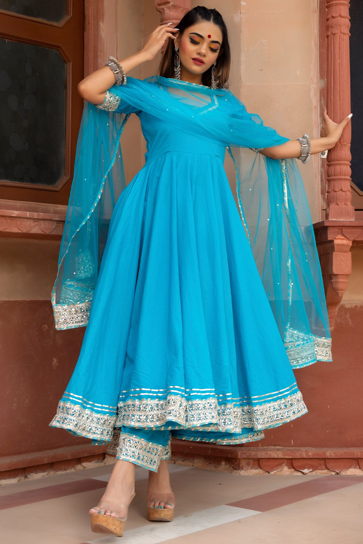 Pomcha Jaipur Kalamkari Blue Pure Cotton Anarkali Set 