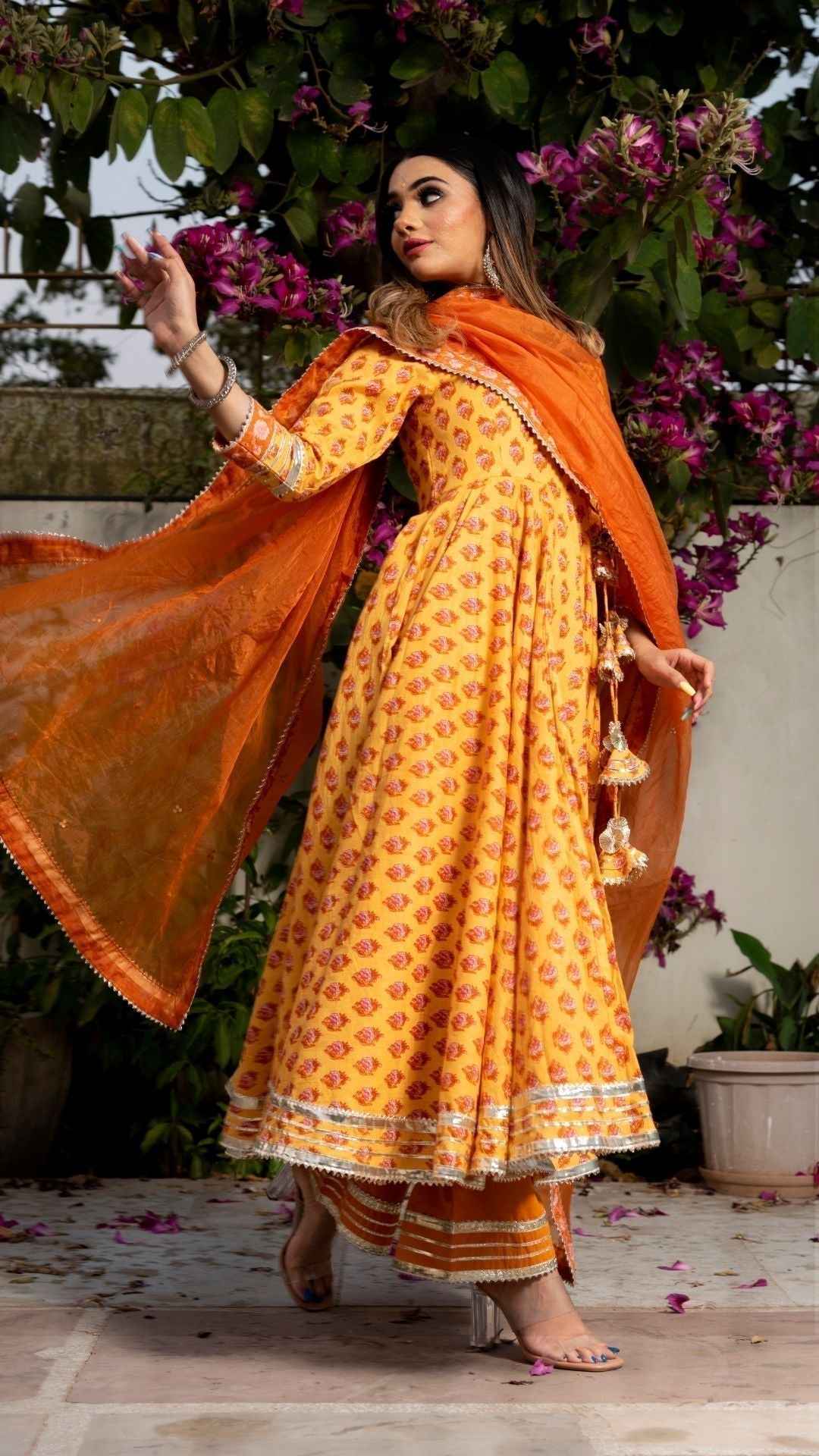 Pomcha Jaipur Mehar Light Brown Hand Block Anarkali Set 