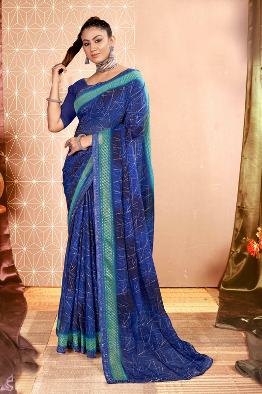 Navy Blue Chiffon Abstract Printed Saree With Unstitched Blouse Piece - Rajal