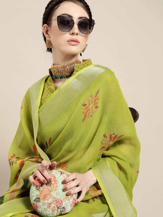 Saree Mall Saree Mall Elegant Green and Orange Linen Blend Saree