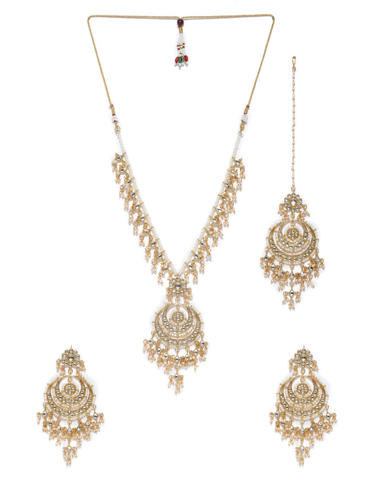 Zaveri Pearls Gold-Toned Kundan & Pearls Studded Rani Haar Jewellery Set - Grab2buy