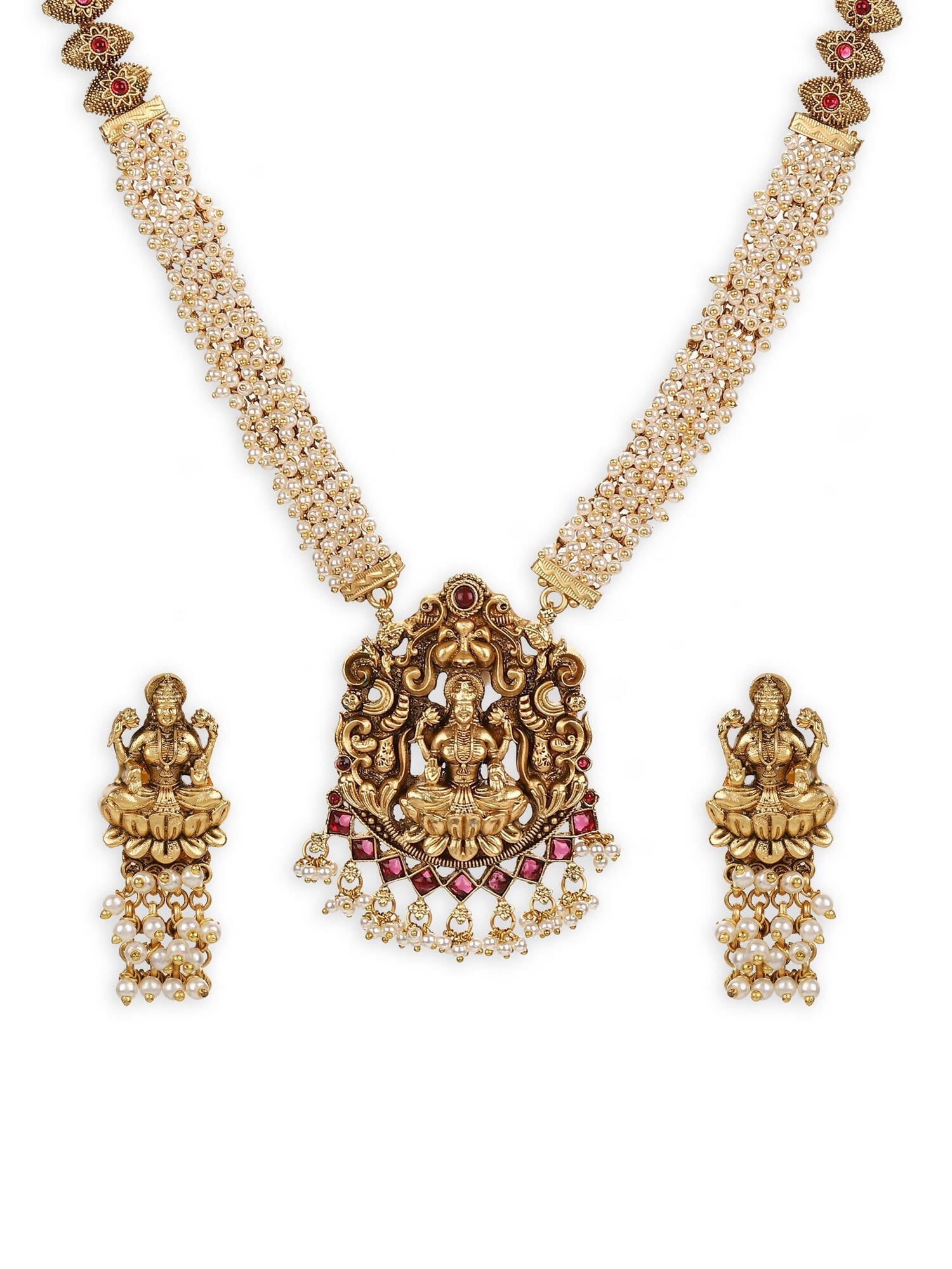 Gold-Plated Pink White Stones-Studded Beaded Jewellery Set - Ruby Raang - Grab2buy