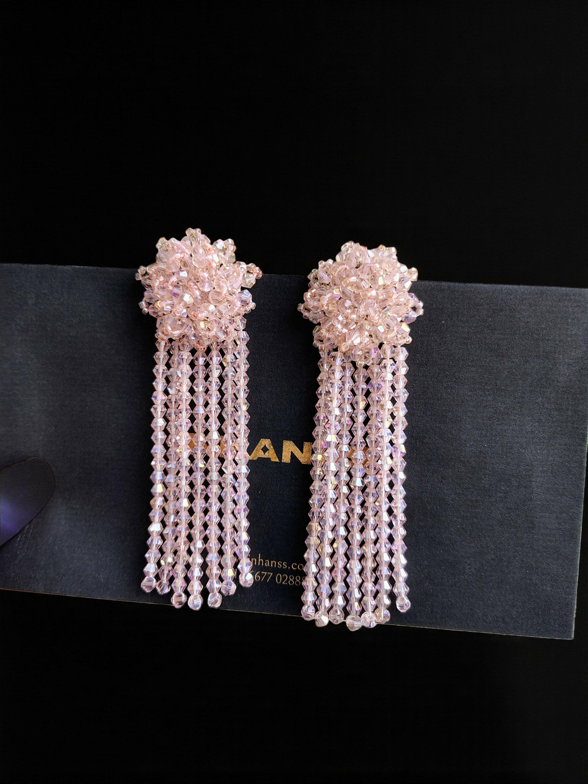 Inhanns Handmade Crystal Waterfall Earrings - Long - Baby Pink Big