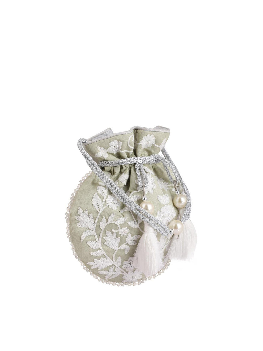 Masq Green & White Embellished Embroidered Potli Clutch - Grab2buy