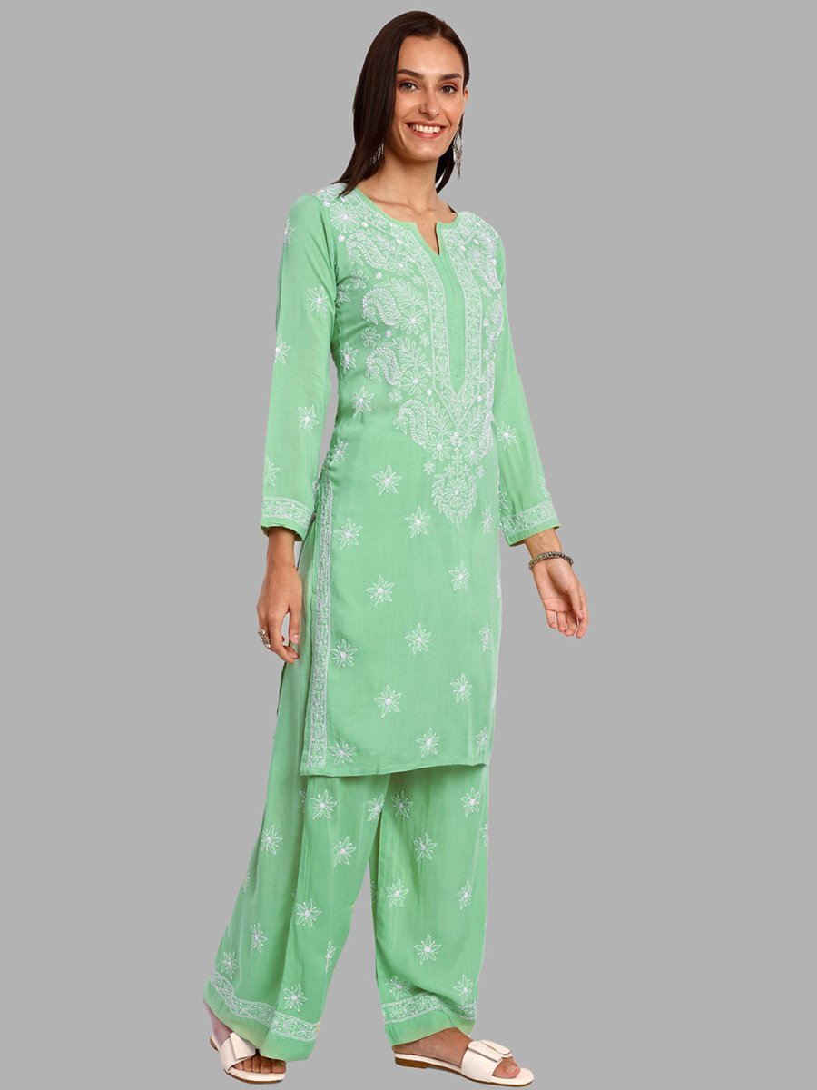 ADA Floral Embroidered Long Sleeves Regular Lucknowi Chikankari Kurta With Palazzos 